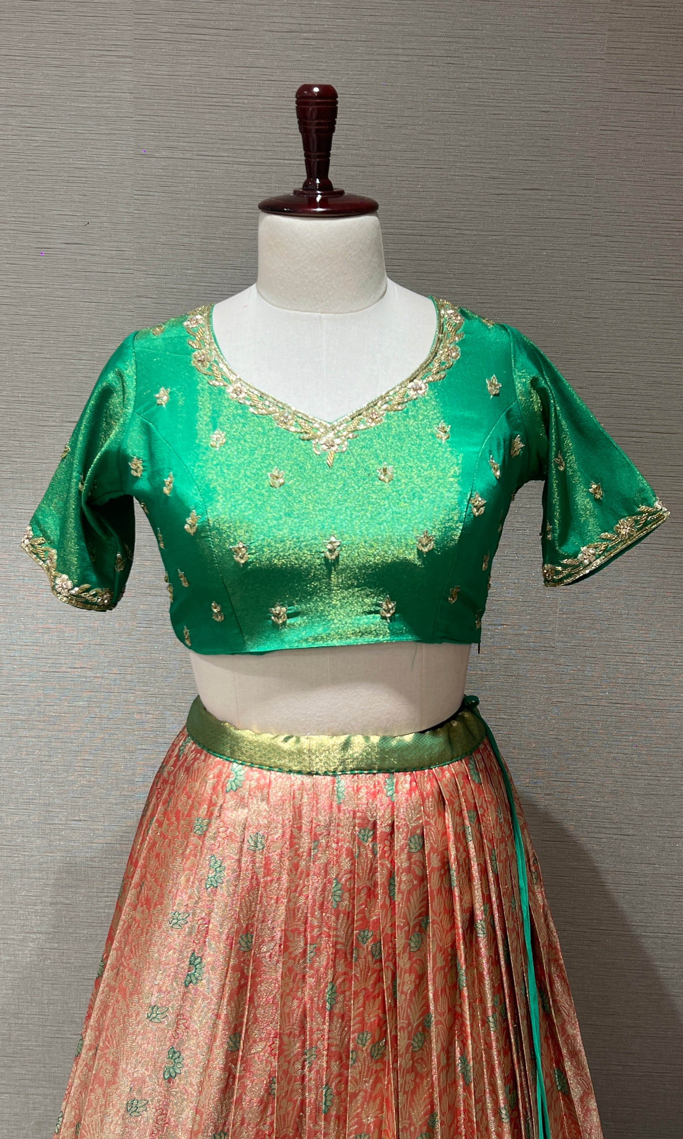 Green orange silk pattu Lehenga