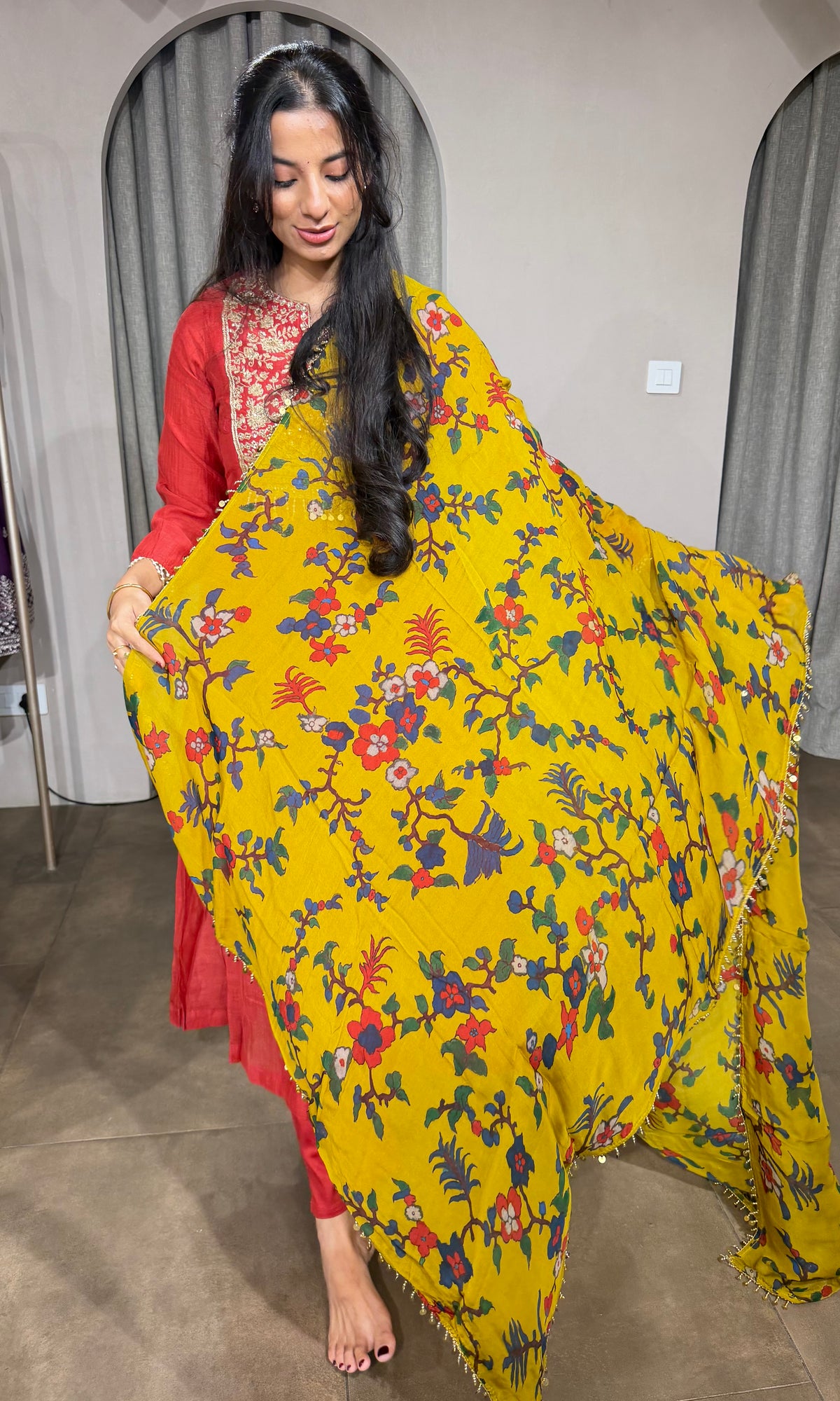 Red Mul Chanderi Kurta Set with Floral Mustard Dupatta