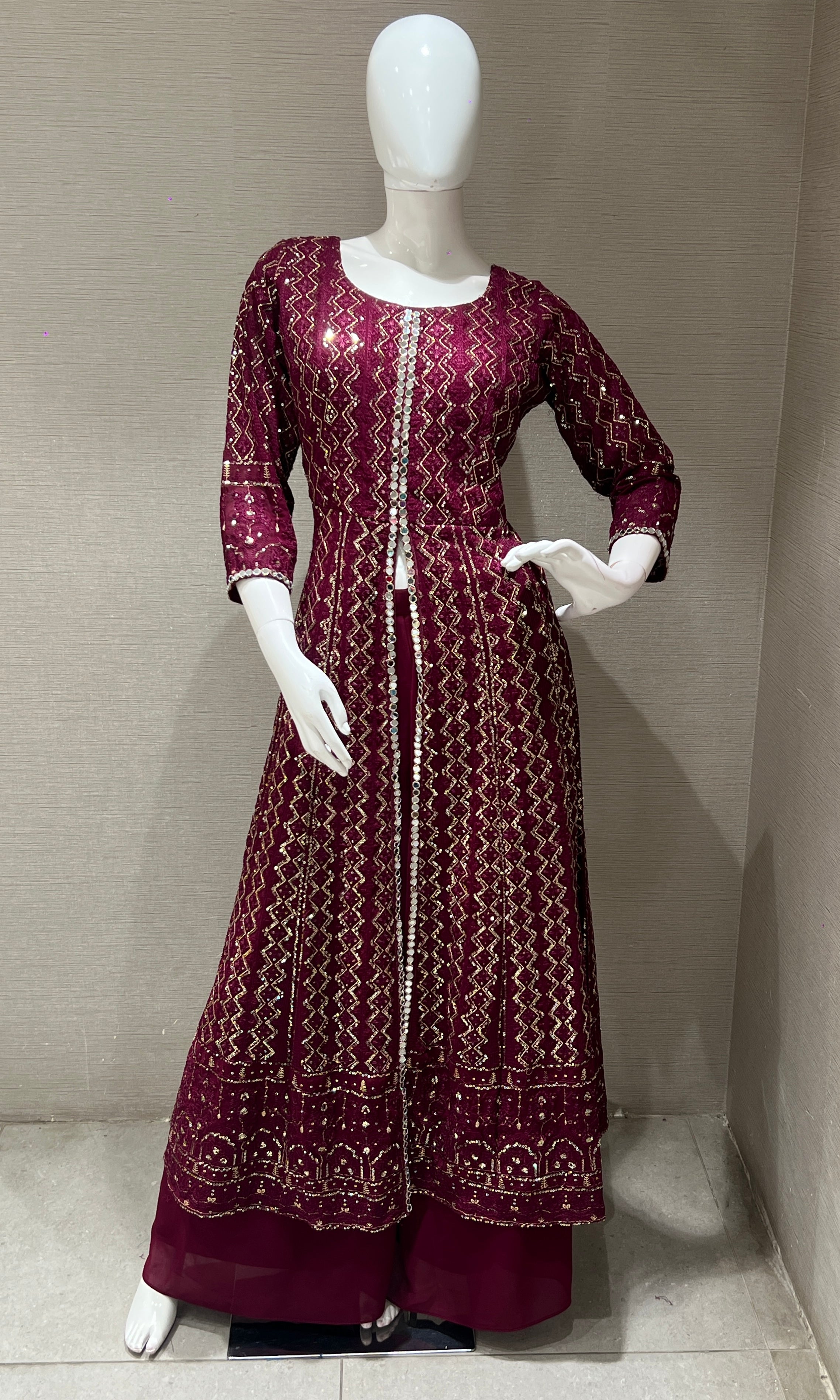 Wine front slit Anarkali with palazzo pants