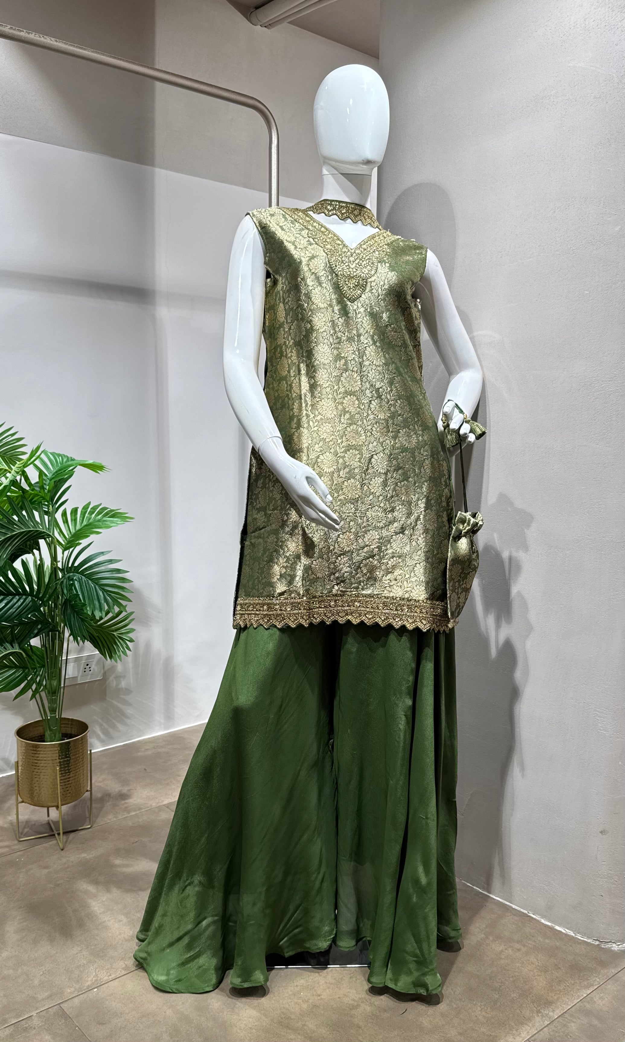 Green Embroidered Silk Sharara Suit With Dupatta