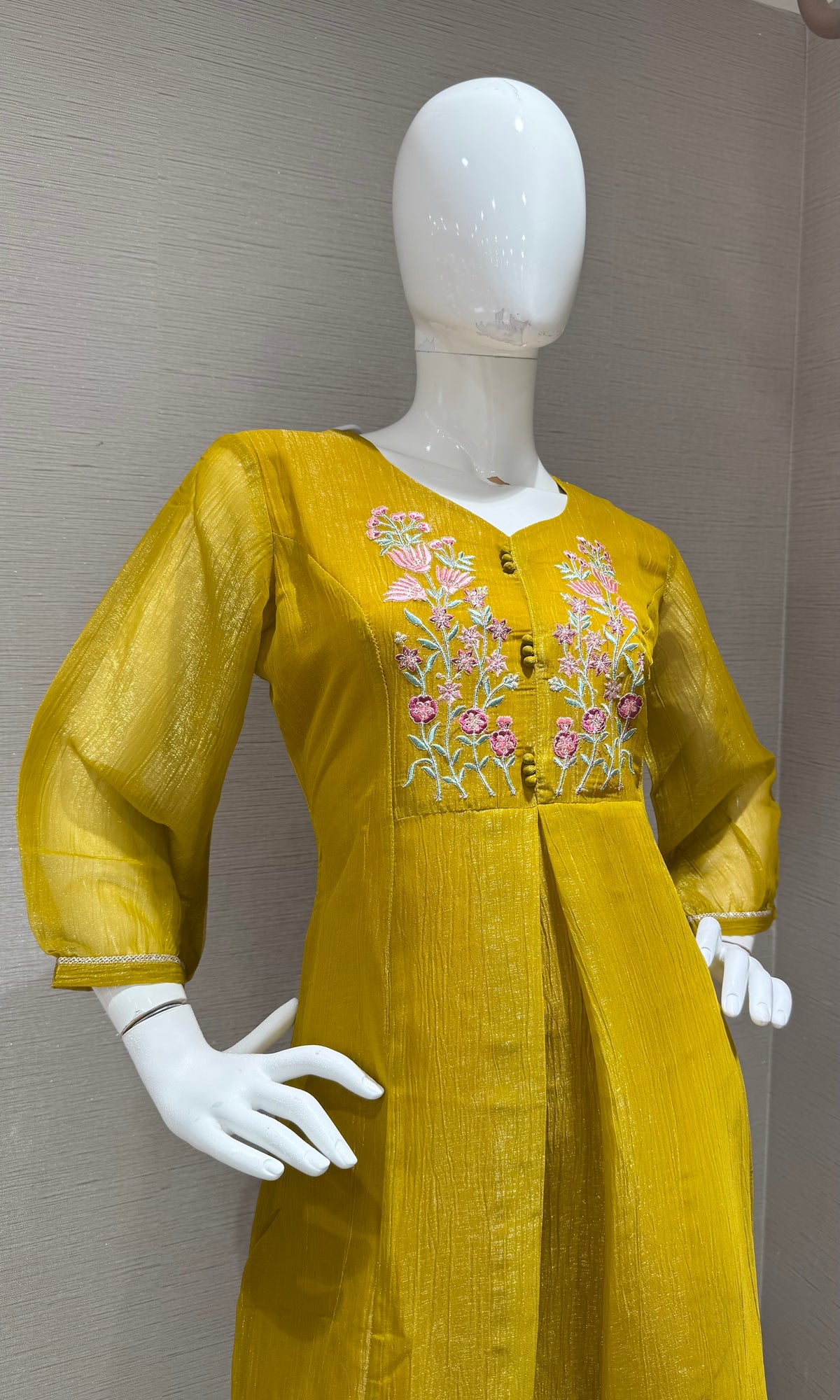 Mustard Yellow Floral Chanderi Kurta top