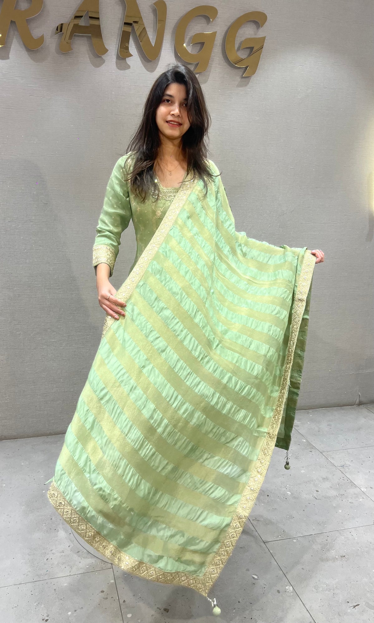 Pista Green silk Anarkali Set Golden Embroidery with Dupatta