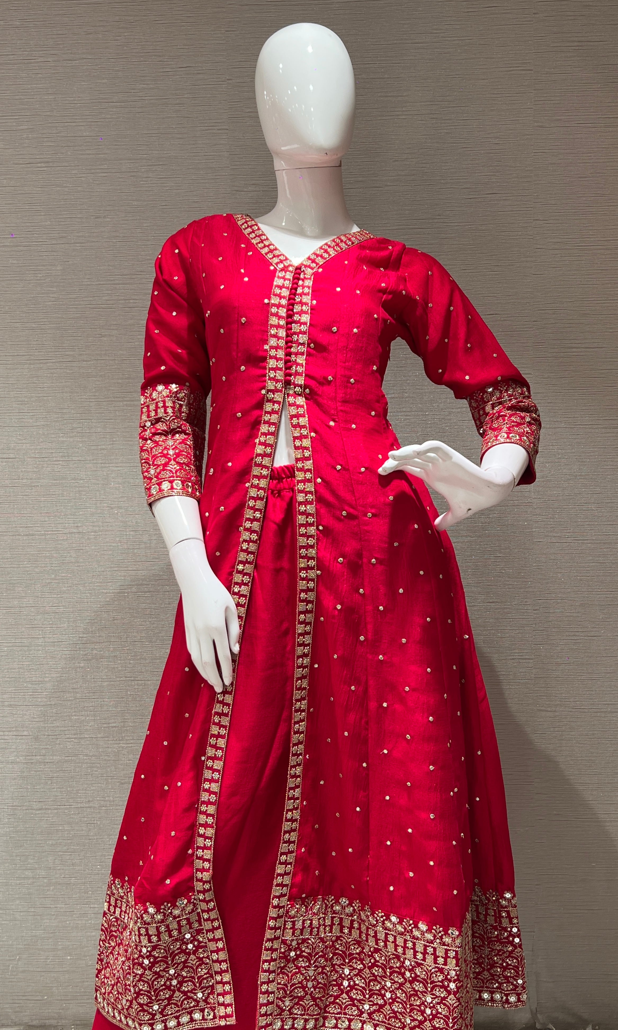 Red embroidered front slit Anarkali