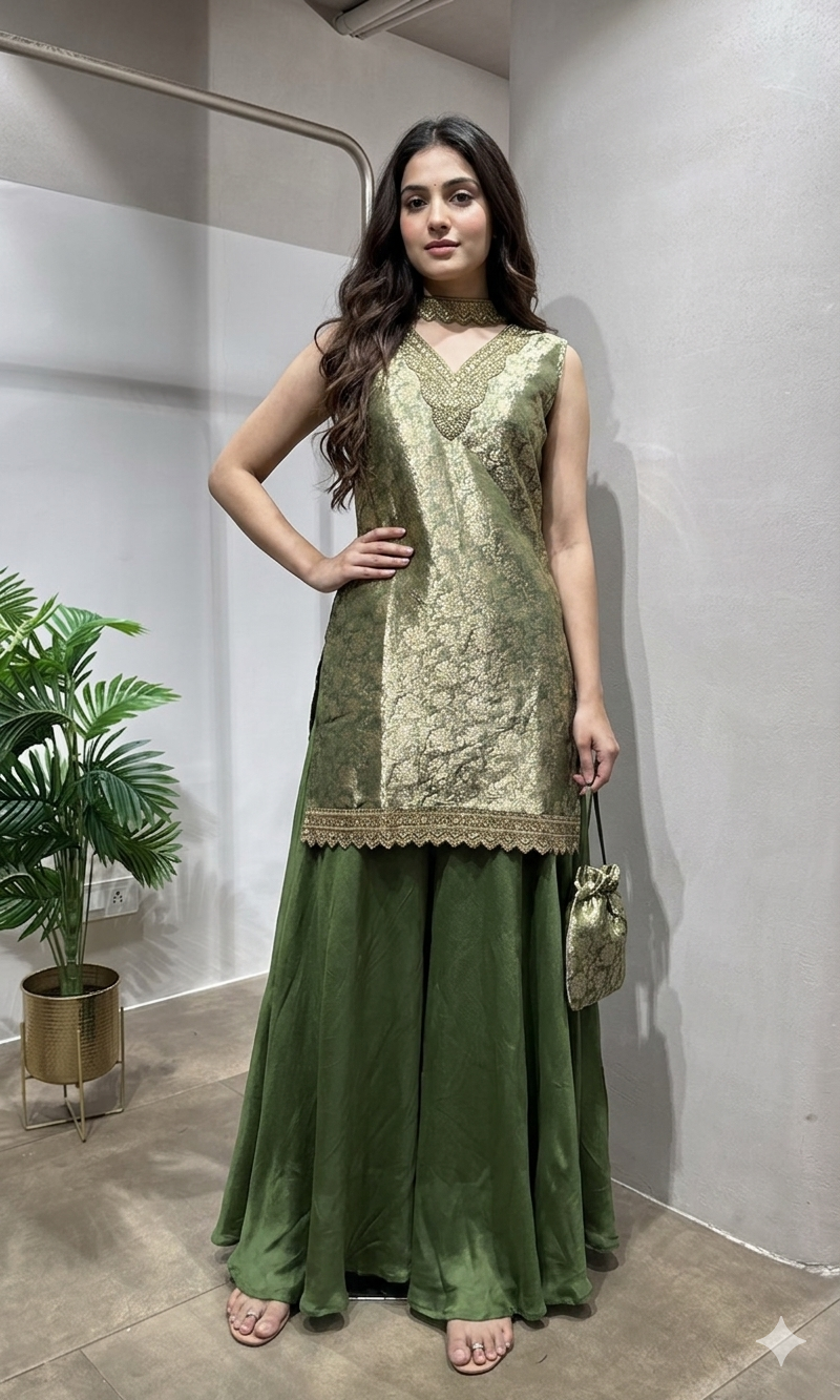 Green Embroidered Silk Sharara Suit With Dupatta