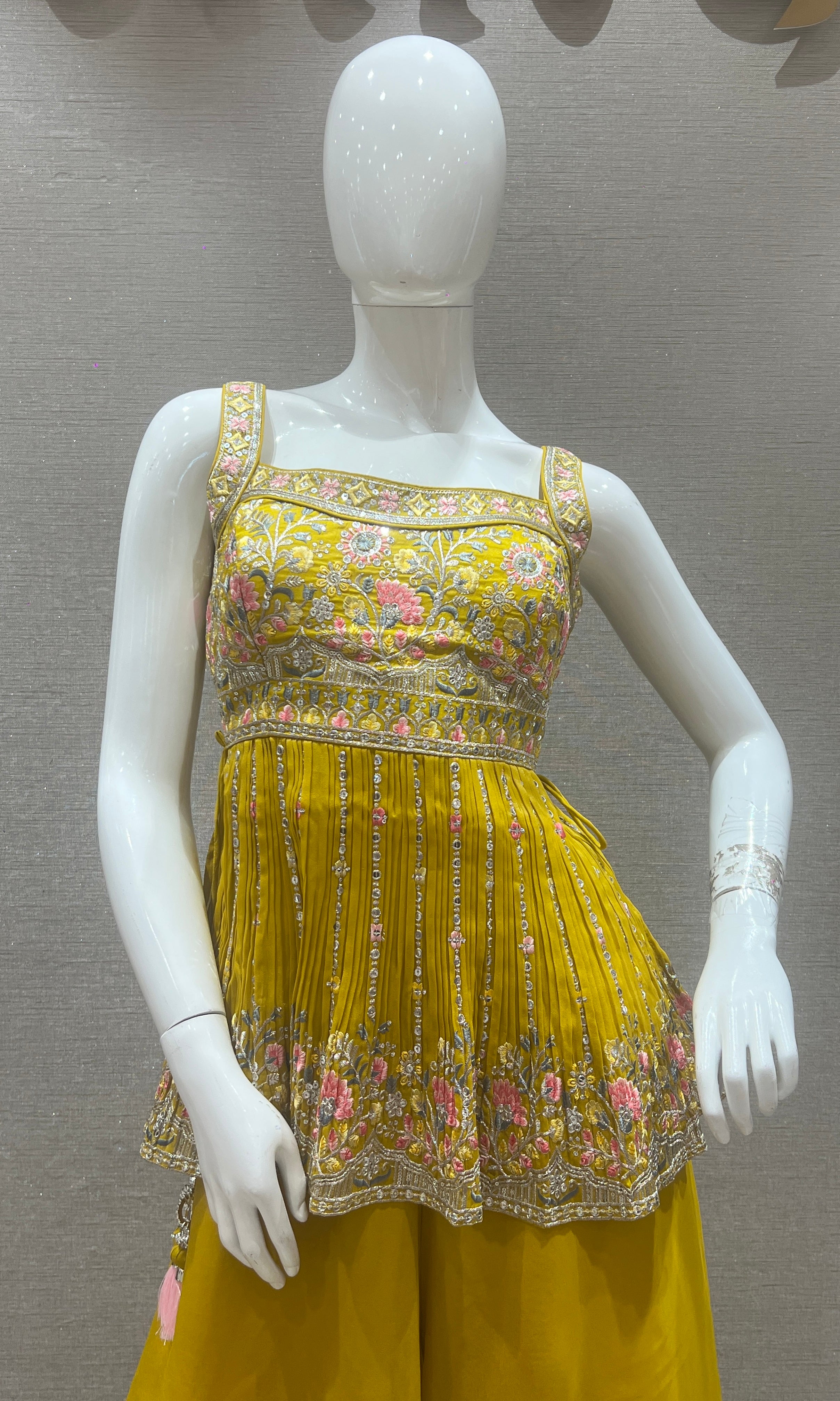 Yellow palazzo set with Embroidered peplum top
