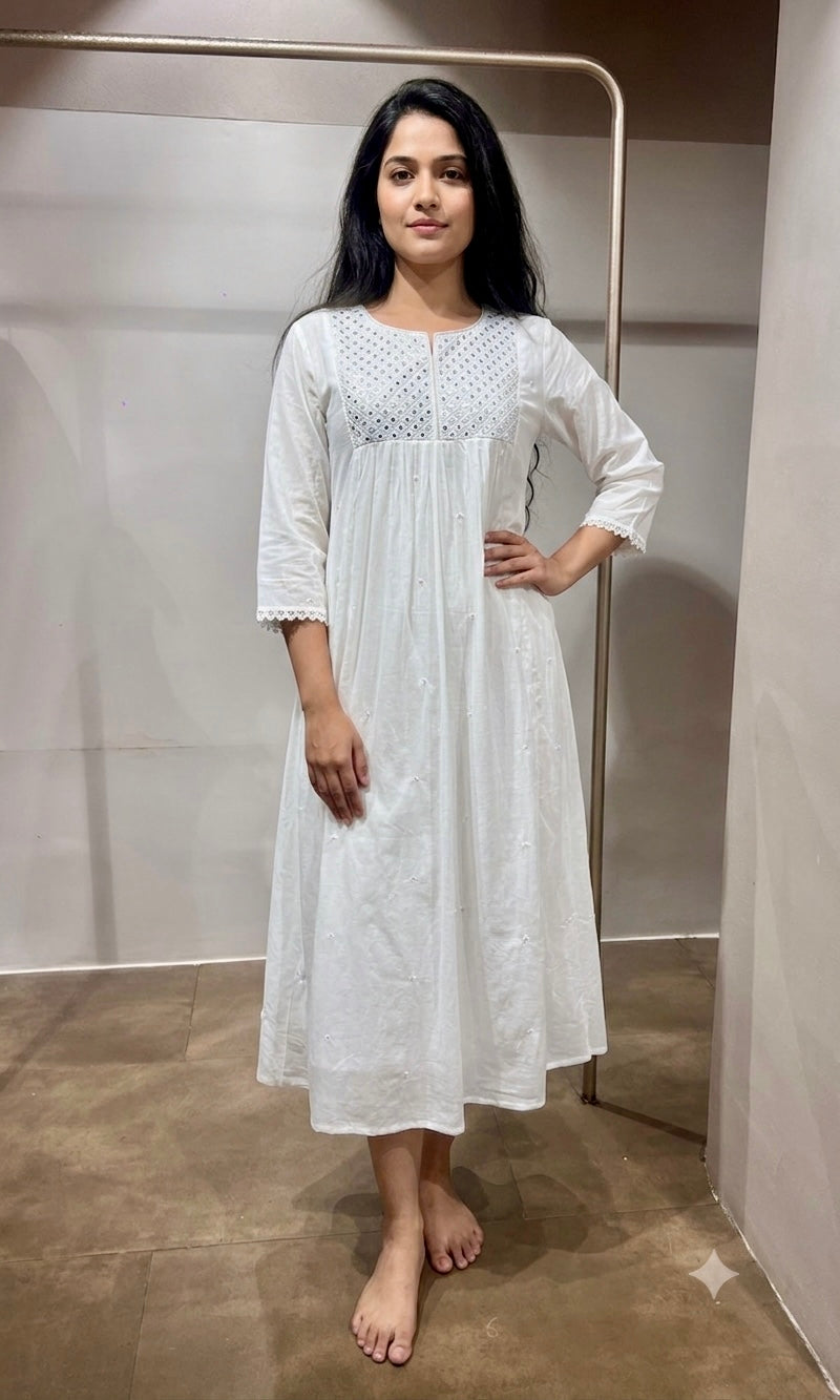 White Flared Embroidered frock