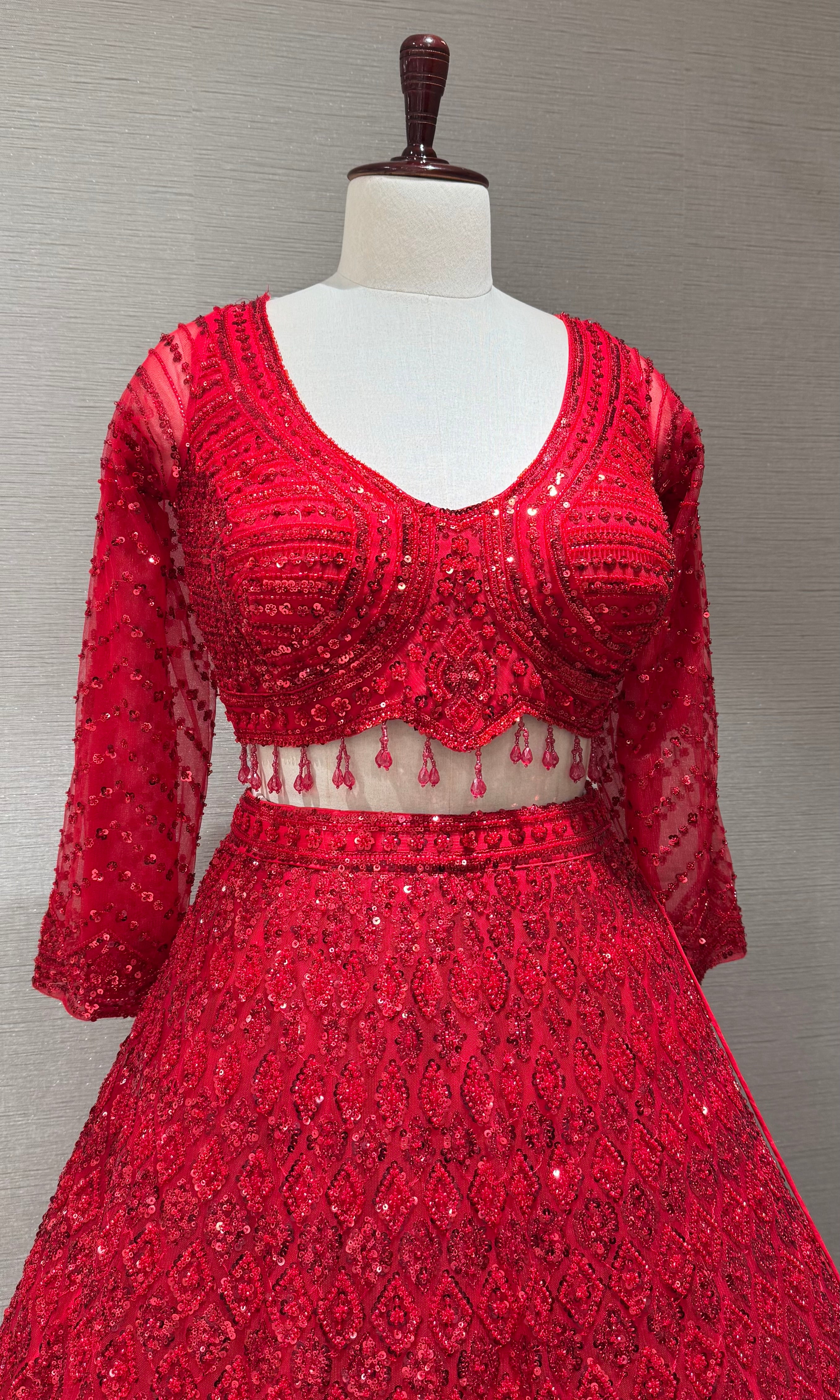 Ruby Red Embellished Lehenga Choli with Sequin Net Dupatta