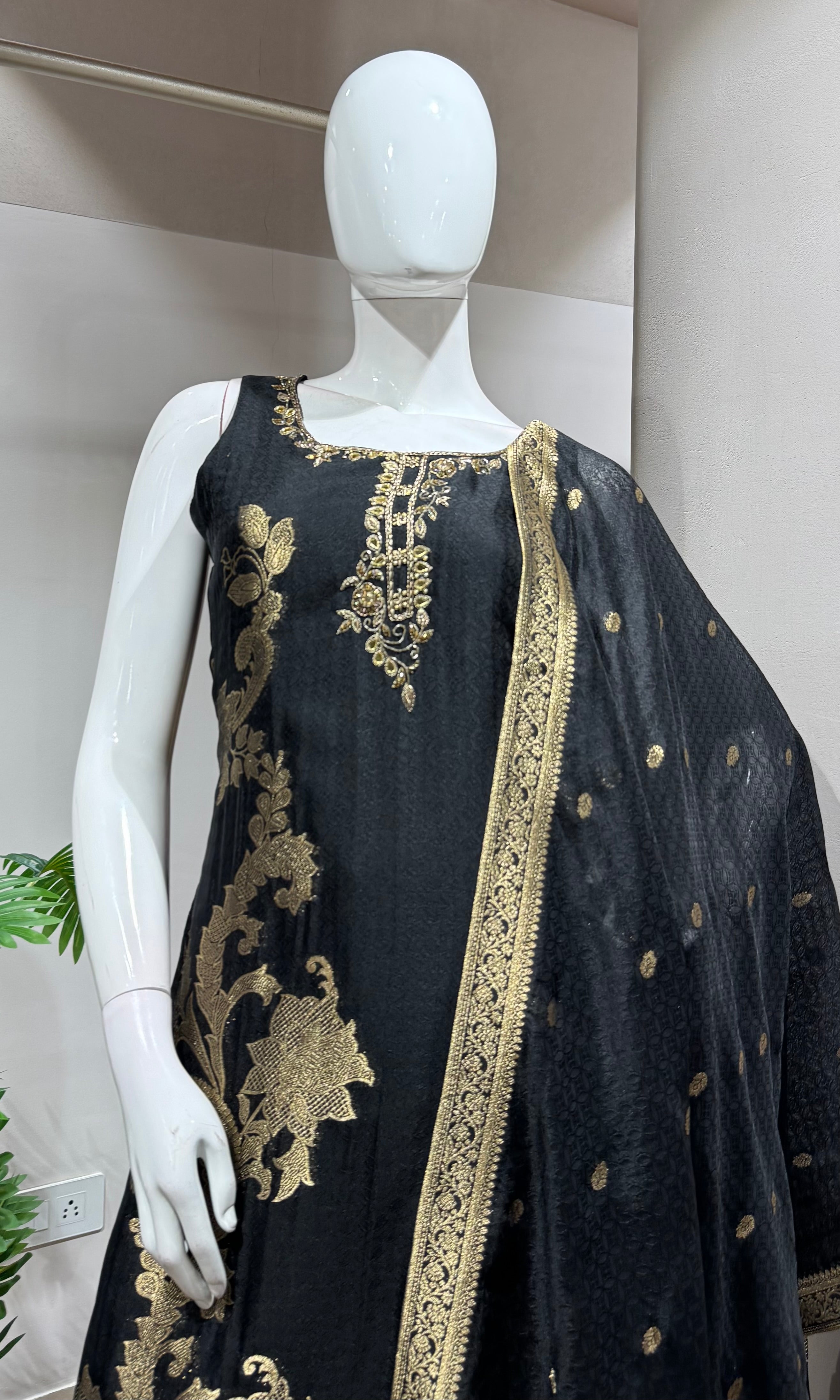 Black Silk Embroidered Straight Cut KURTA SET