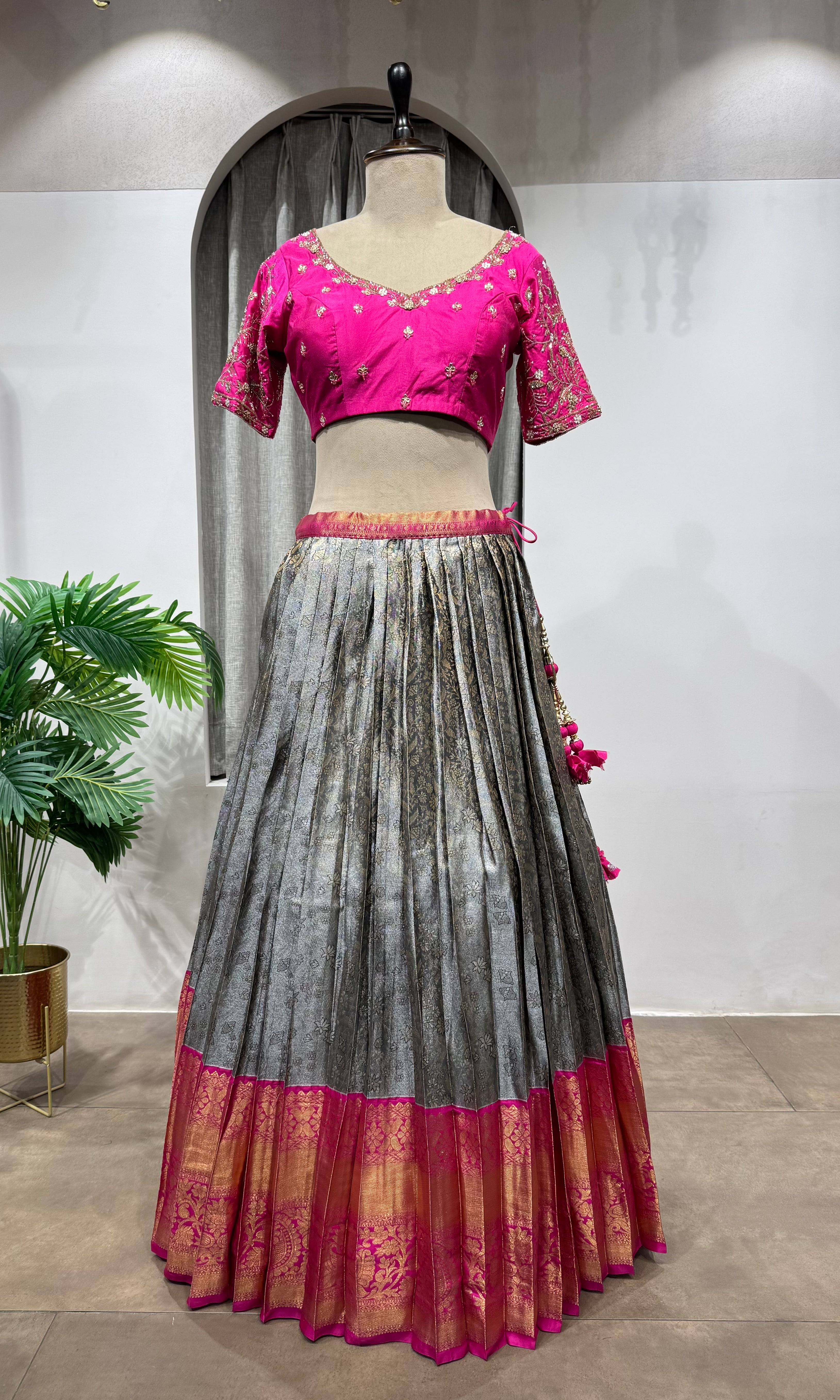 PINK AND GREY KANJIVARAM PATTU LEHENGA