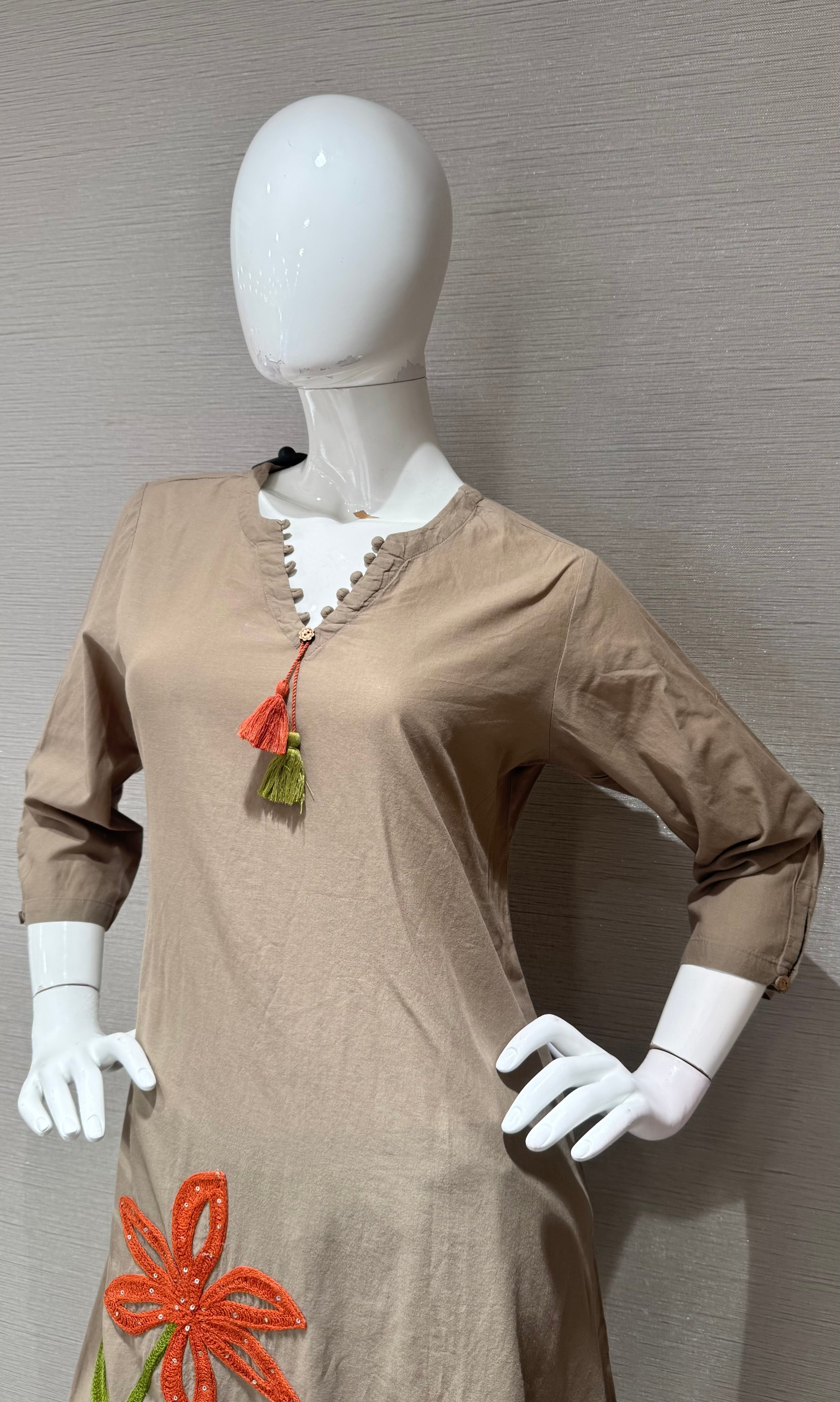 Brown Kurta Set with orange floral embroidery