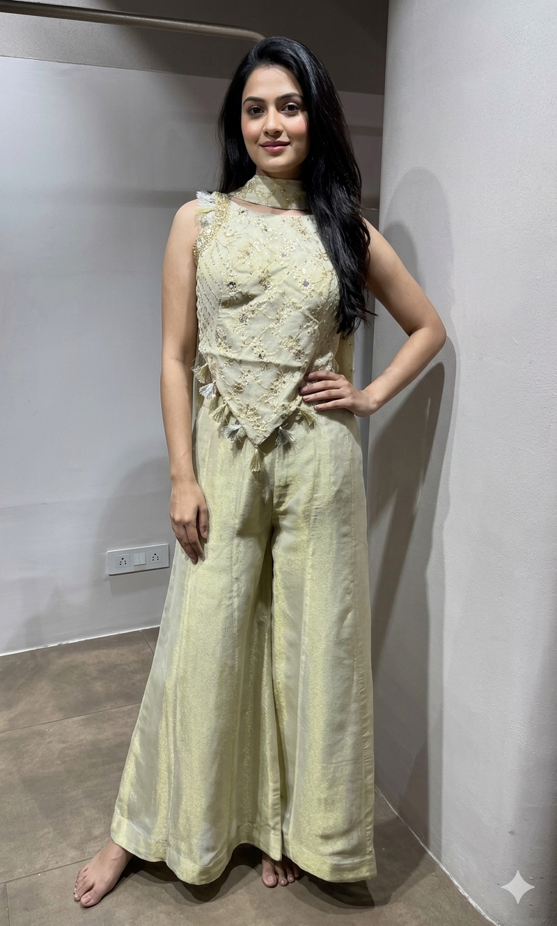 BEAGH shimmer tissue short blouse palazzo set