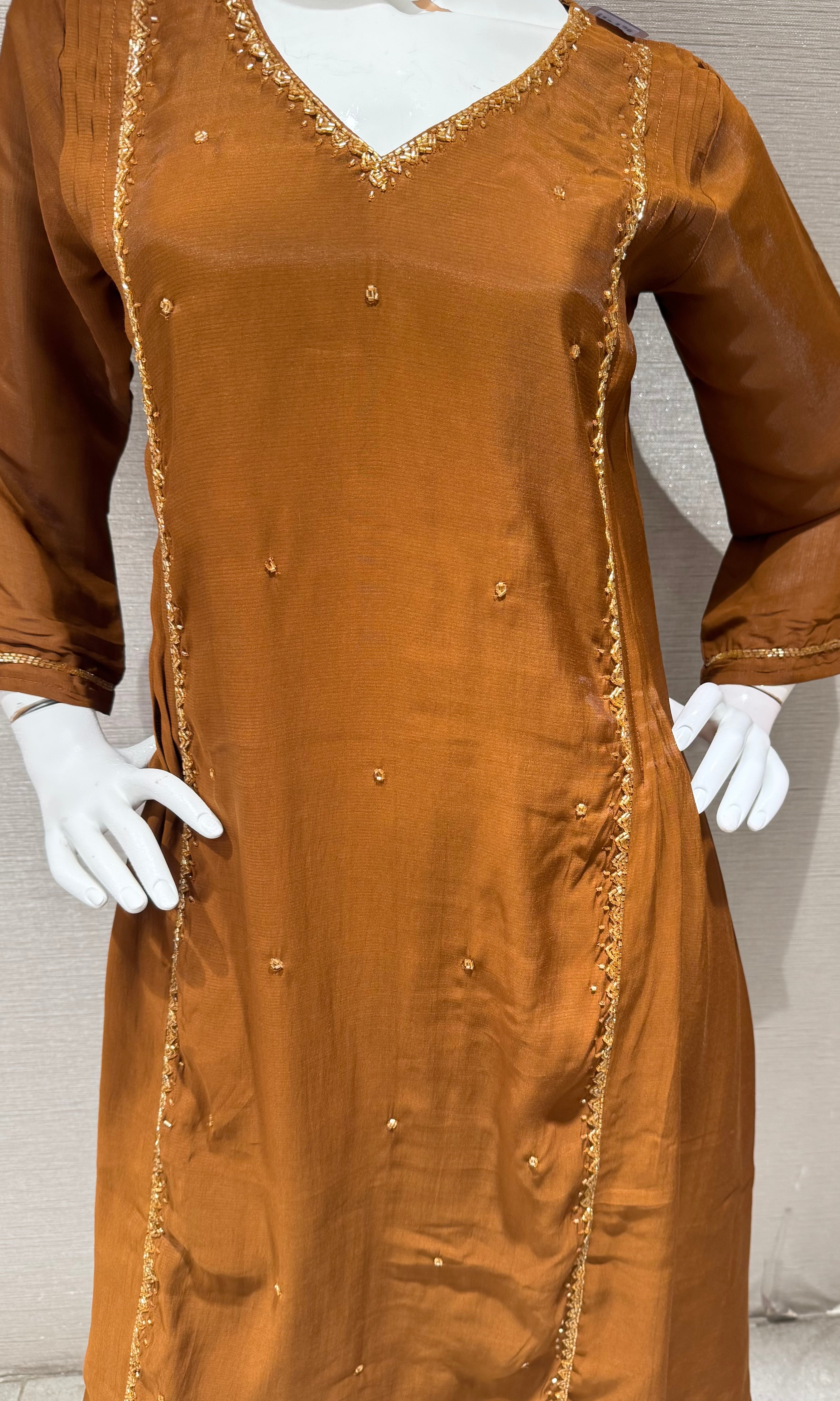 Brown A line Cotton Kurta set with dupatta