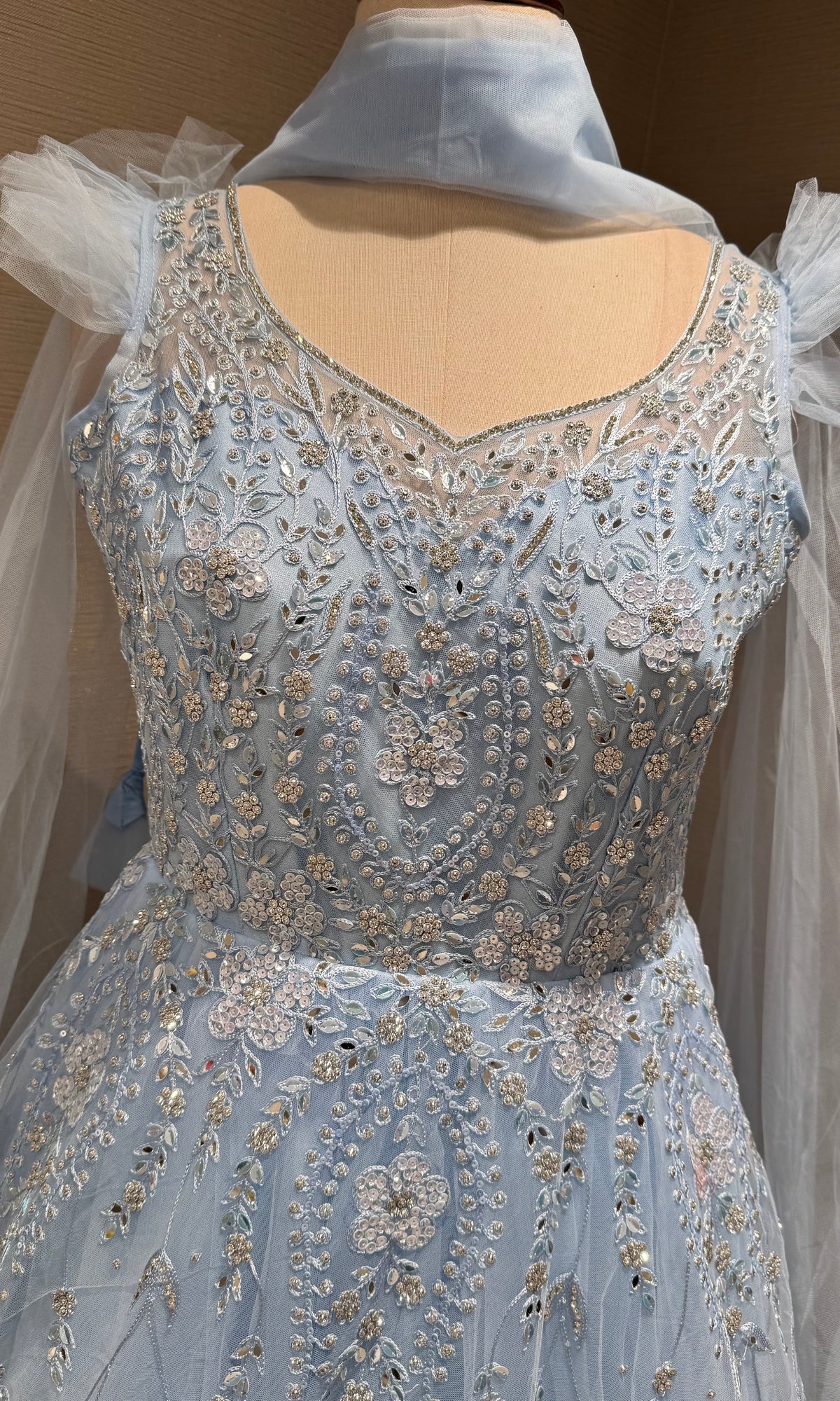 Sea Blue Tulle Ballgown with Floral Embroidery