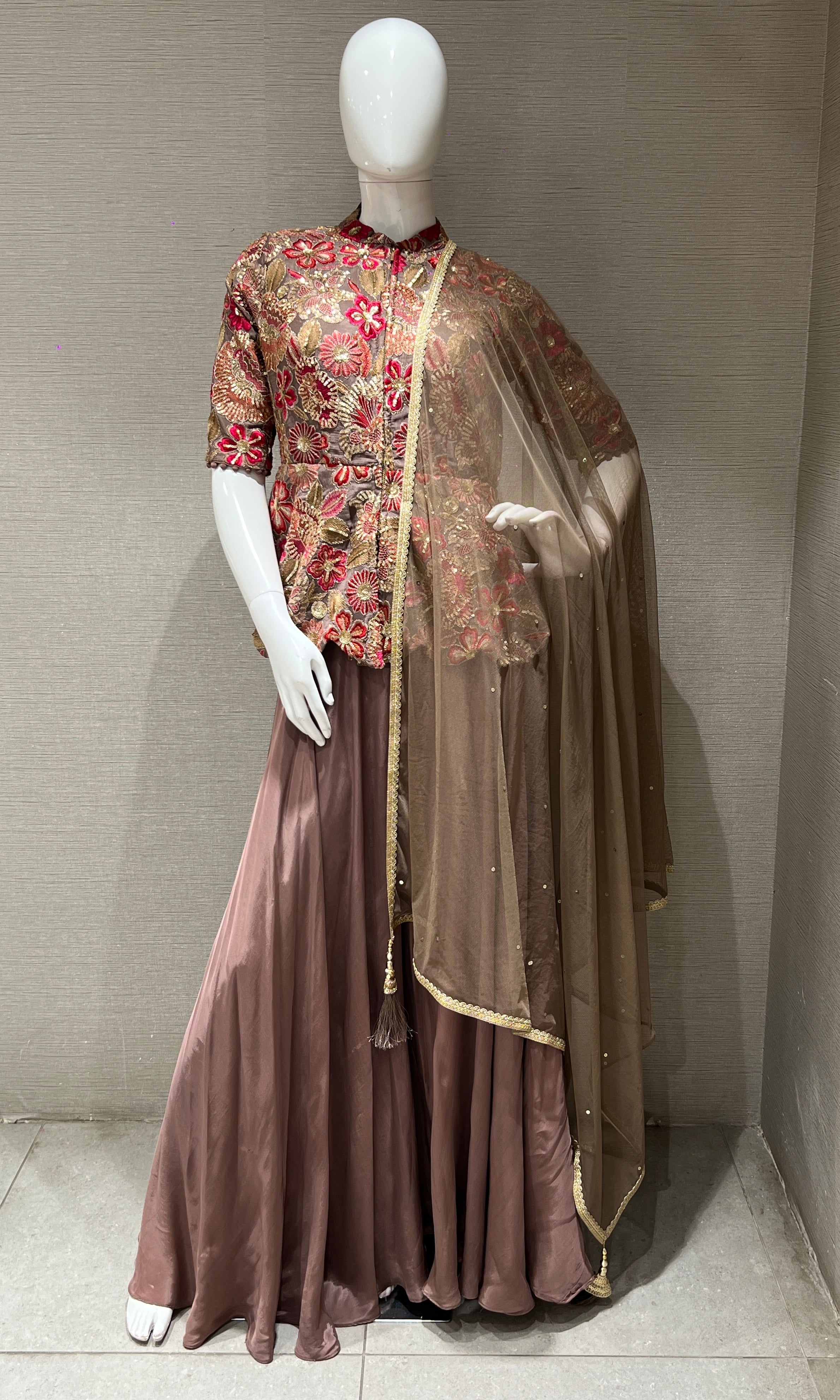 Light brown floral embroidered peplum palazoo