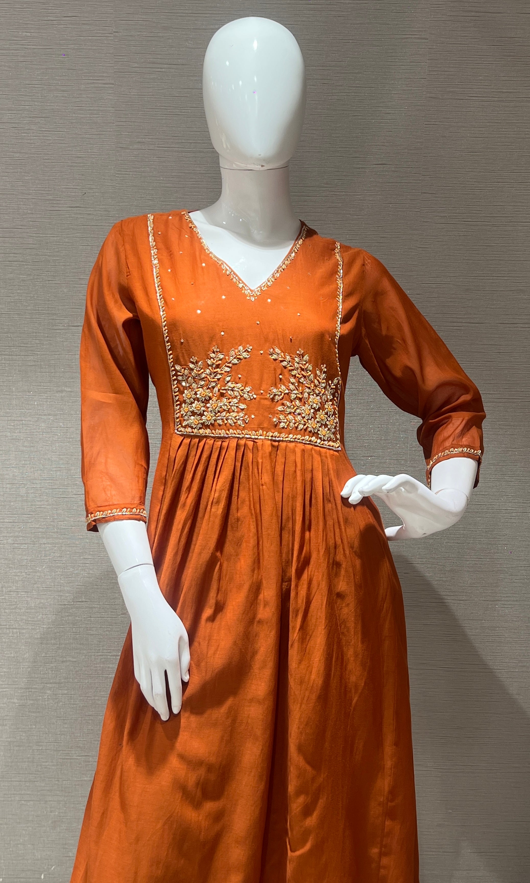Rust orange Mul Chanderi kurta set