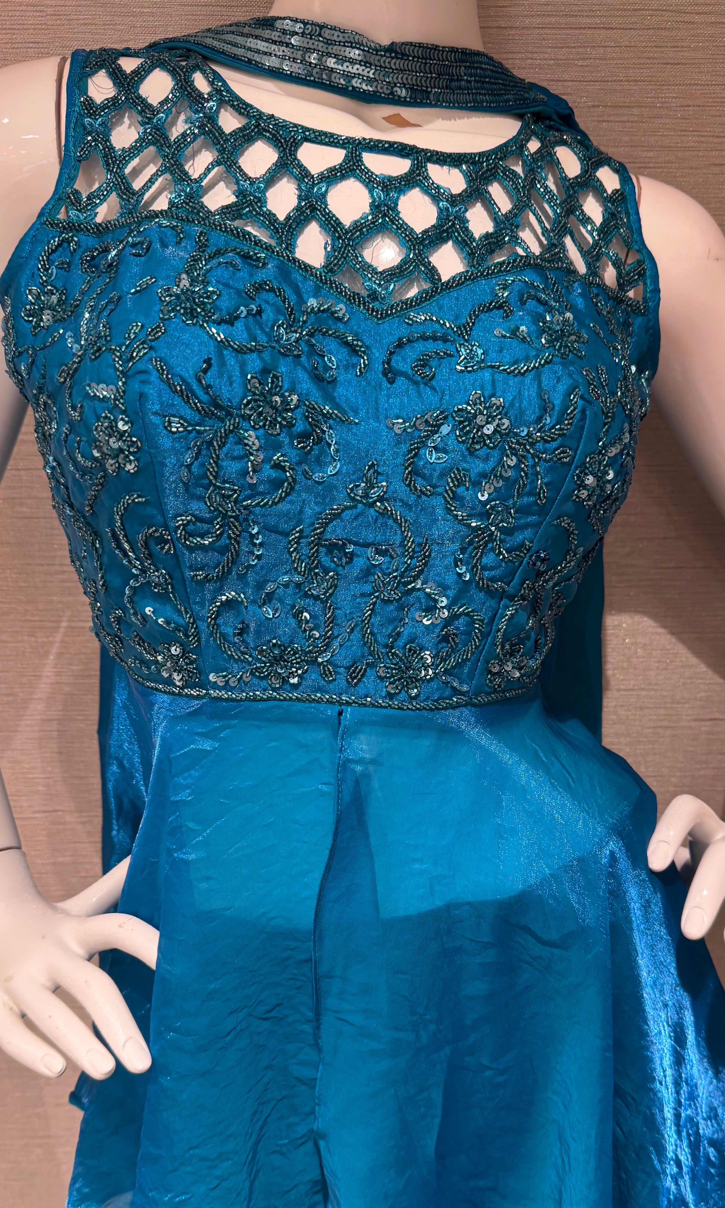 Rama Blue Lace Bodice Peplum Palazzo set