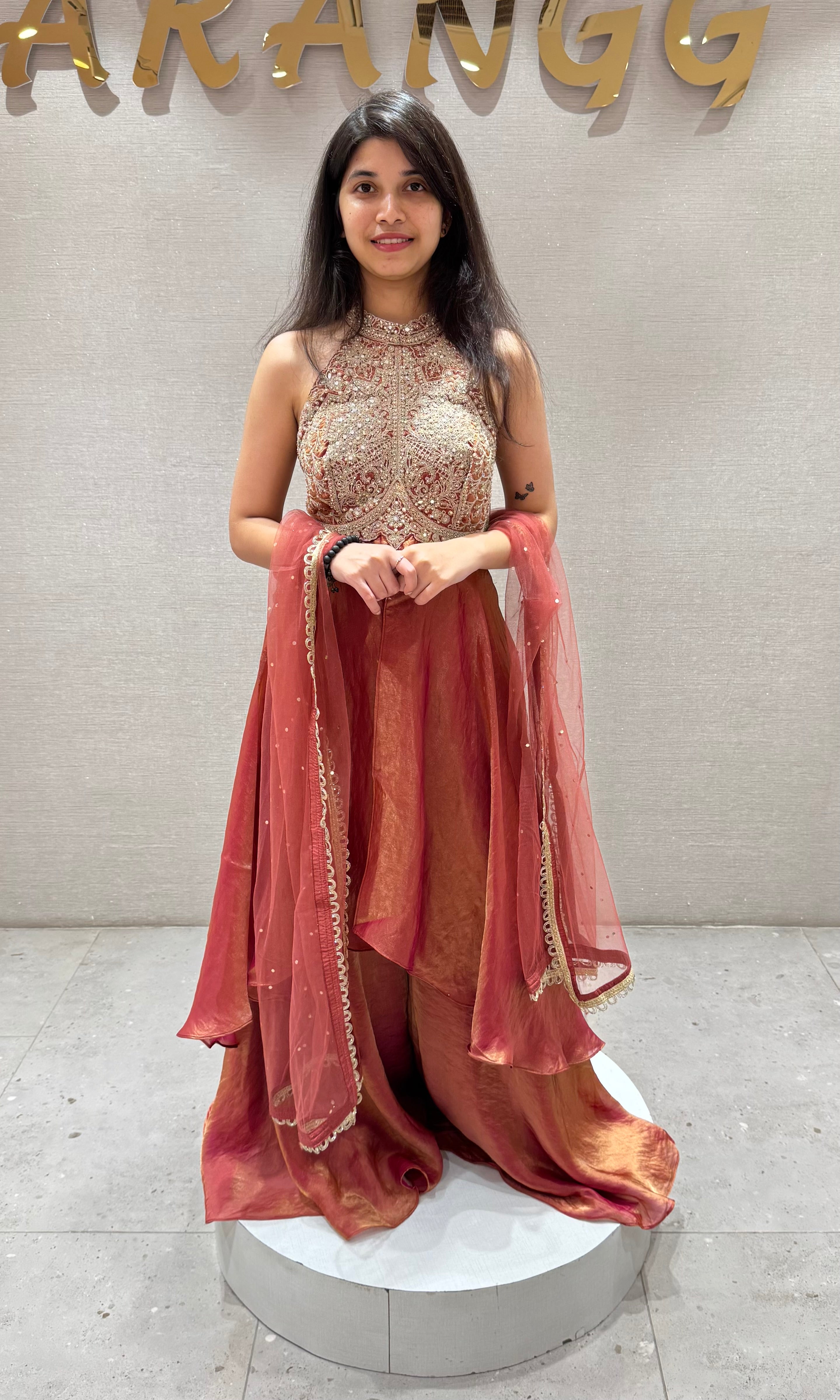 Rust ORANGE HALTER NECK A LINE CUT PALAZZO SET