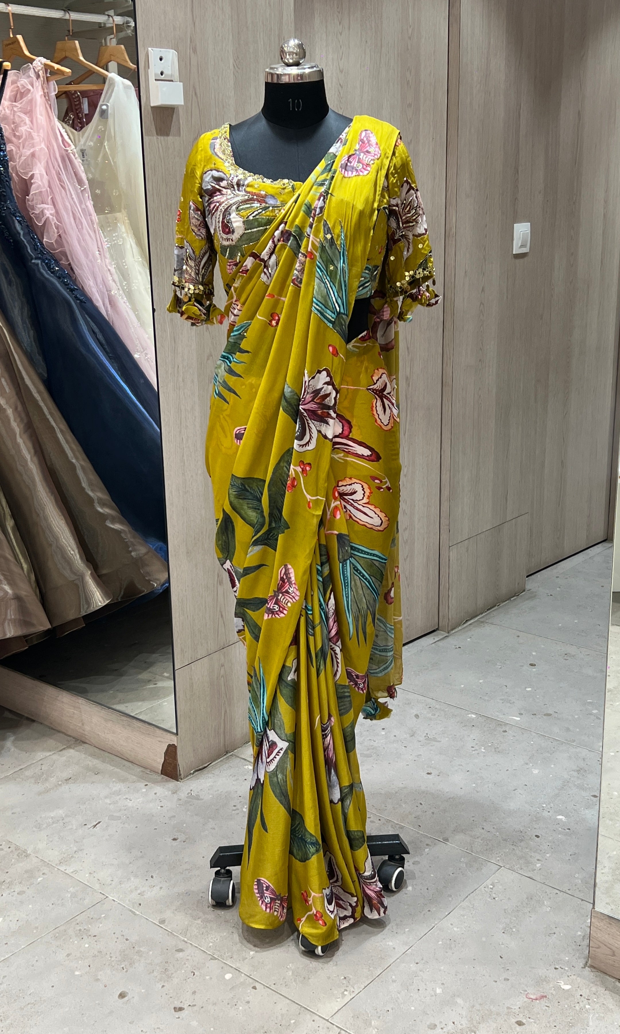 green floral saree with ready blouse