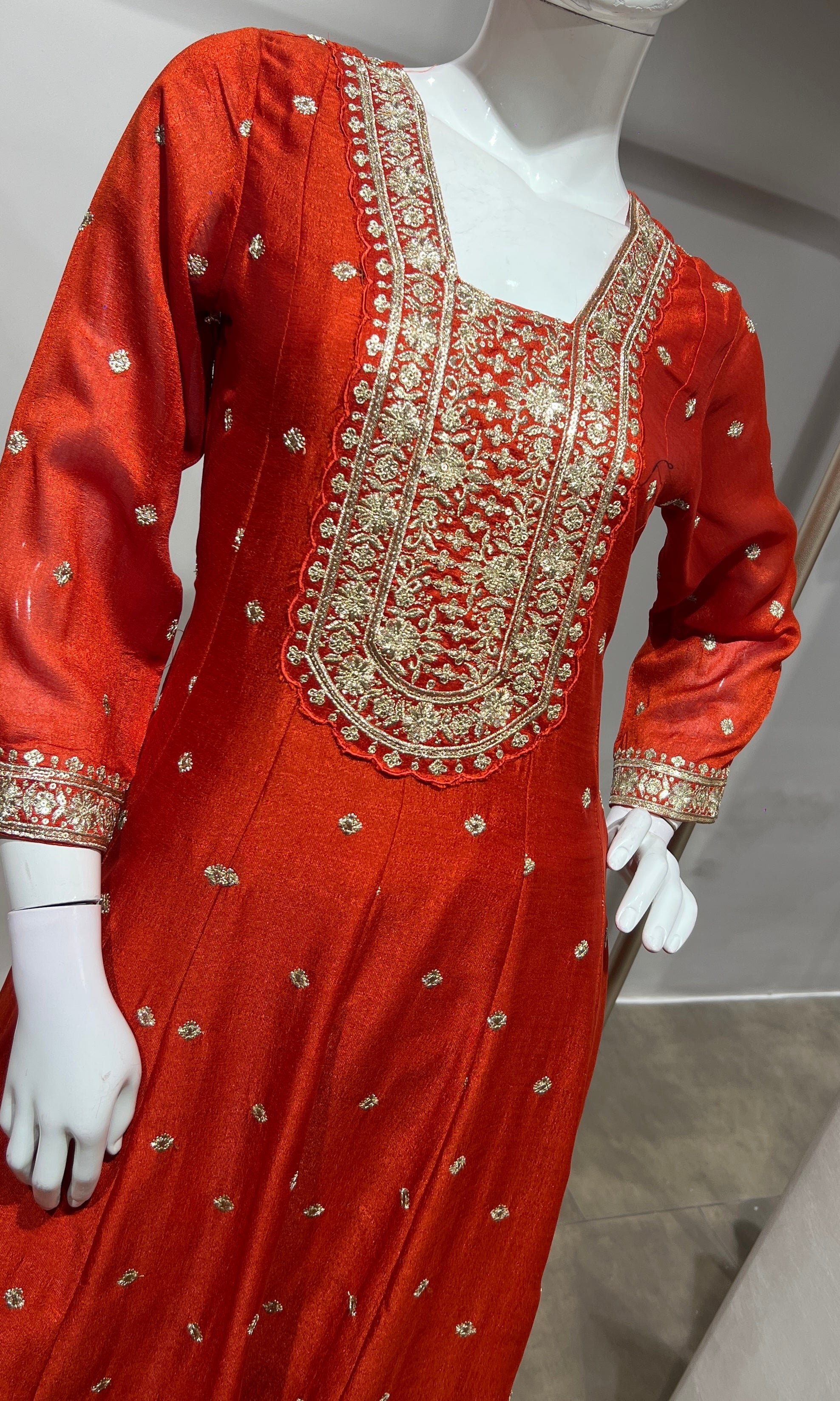 Rust gold embroidered Anarkali set