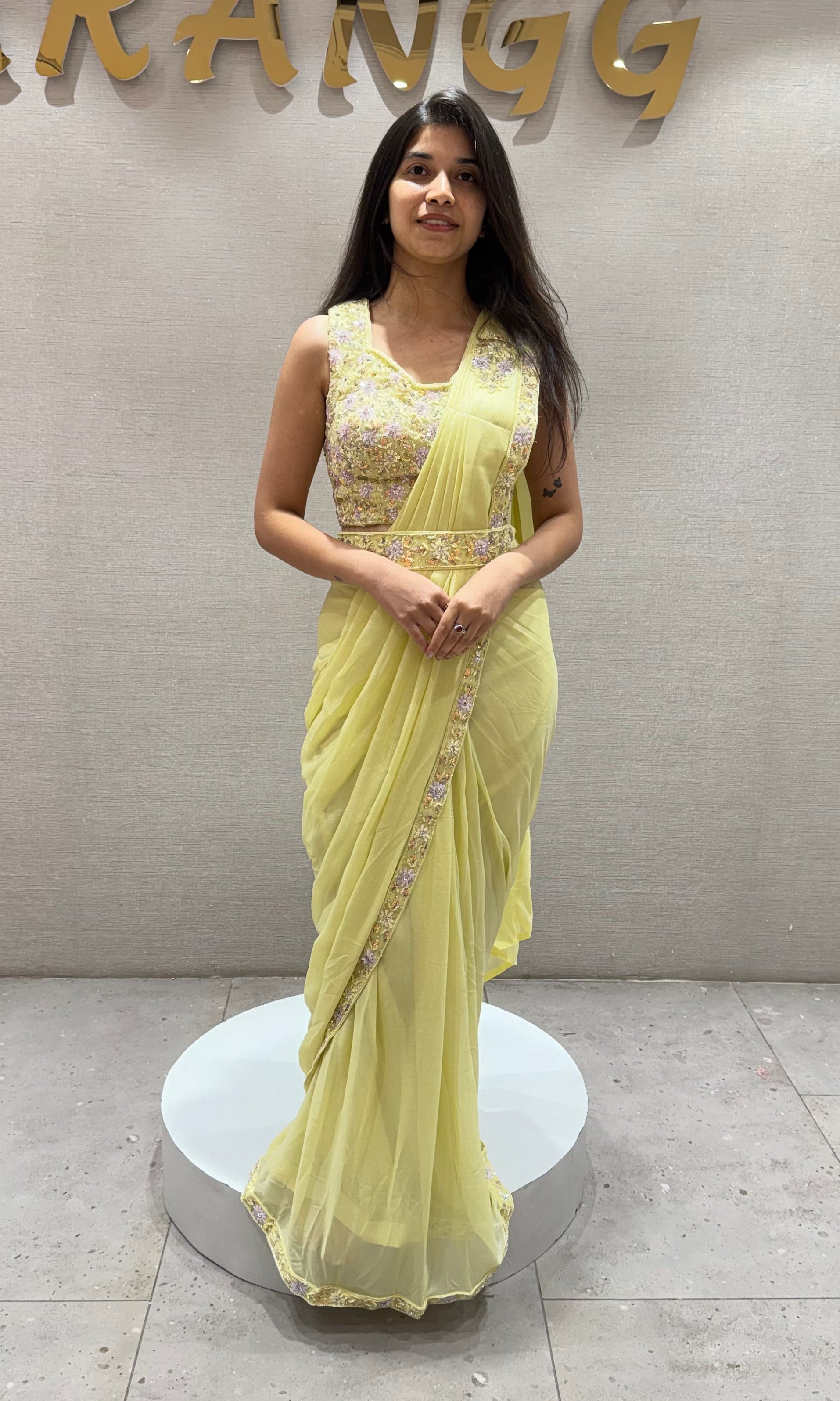 Light Yellow Saree with Embellished Belt