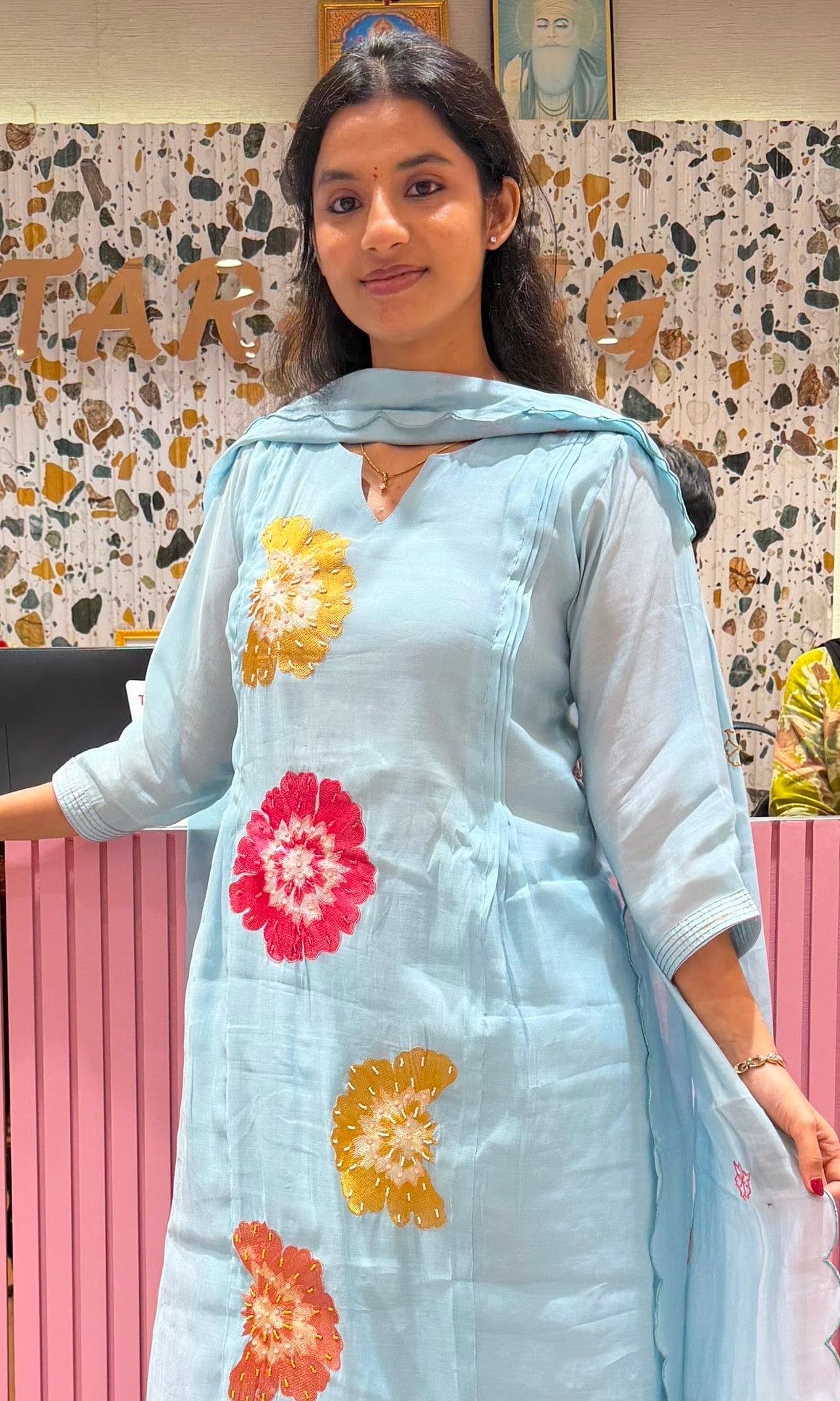 sky blue cotton silk Floral Motif Kurta set with dupatta