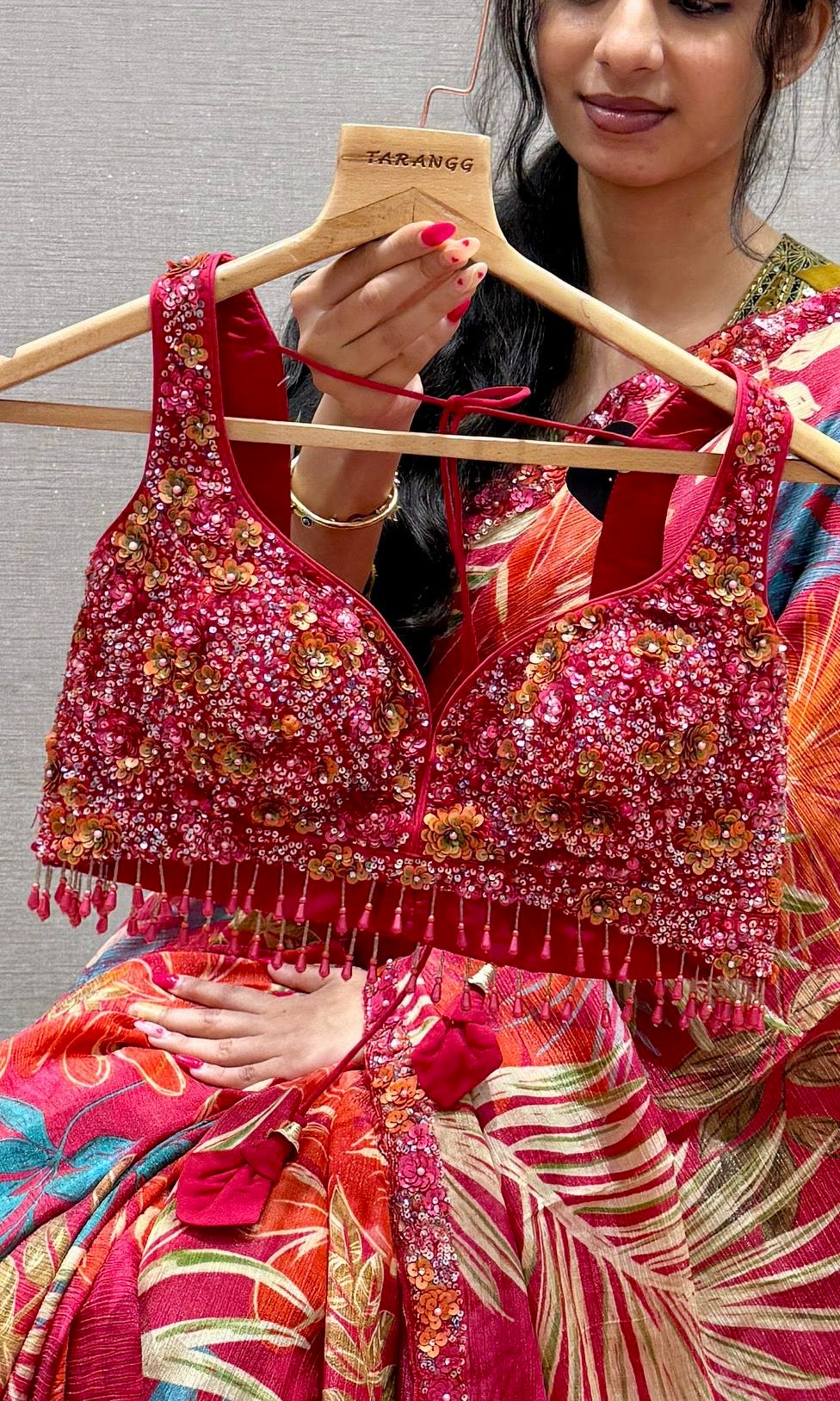 Red Pink digital printed crushed Georgette saree with ready blouse