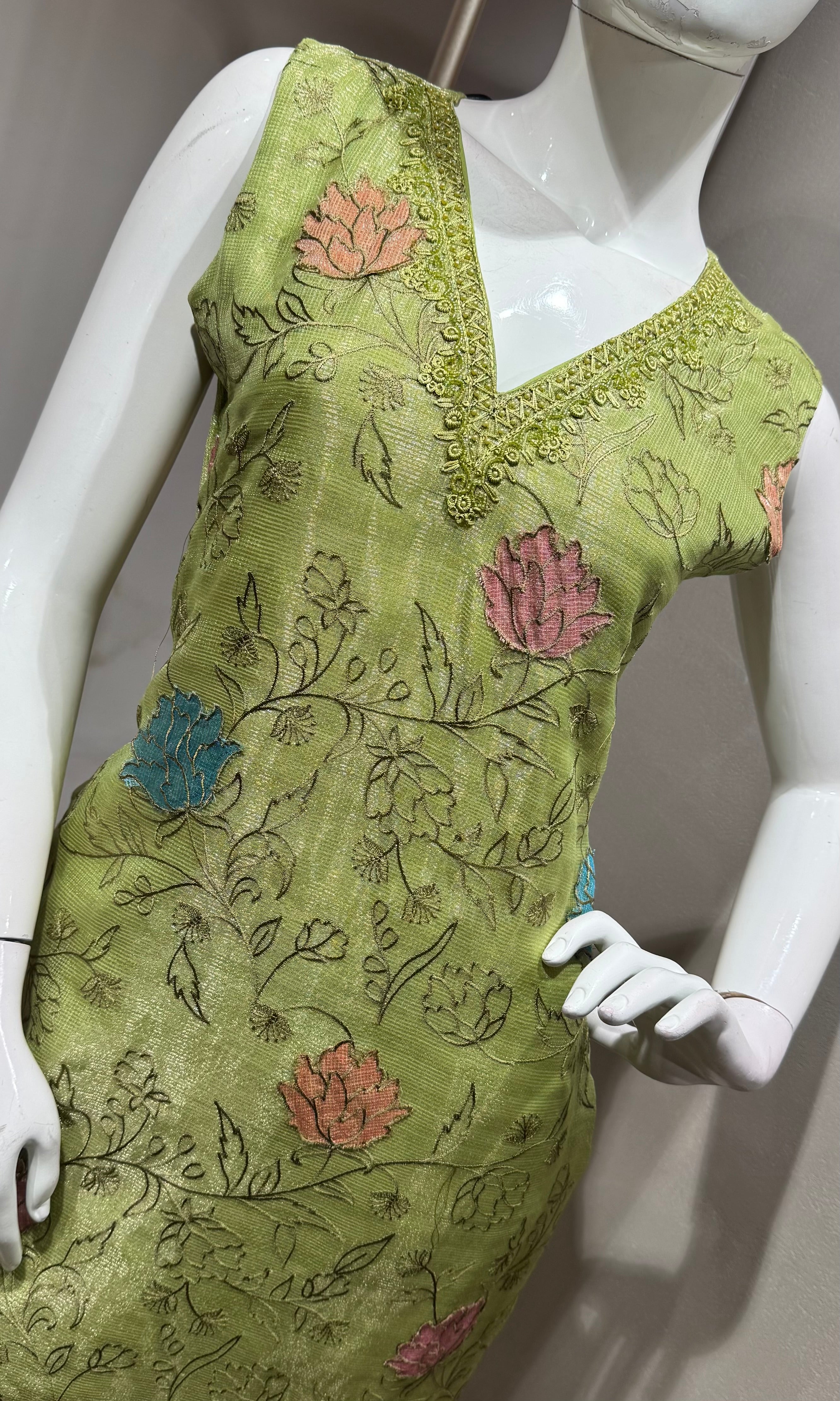 green tissue kurta set with sheer dupatta