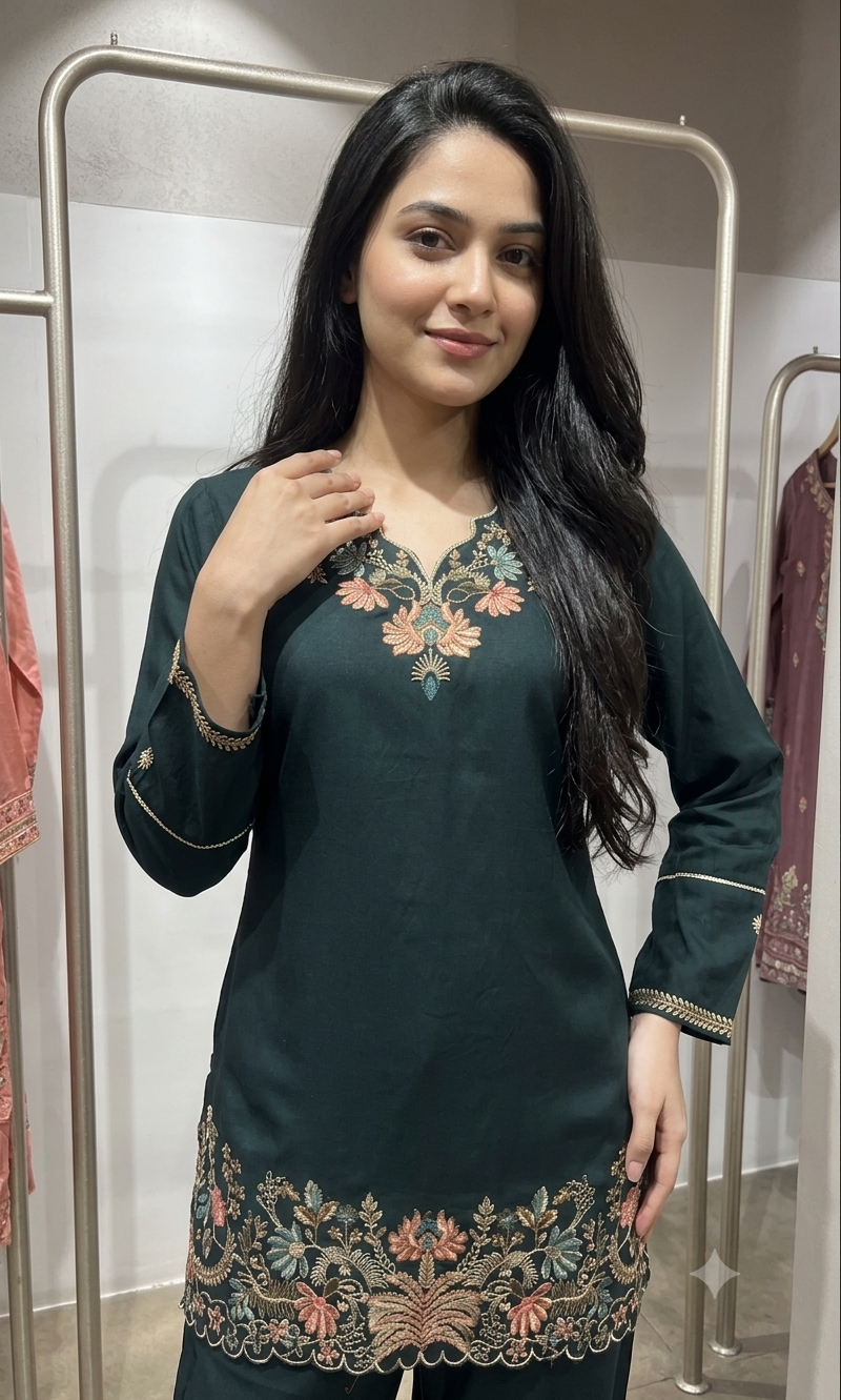 Green Rayon Cotton Ethnic Cord set