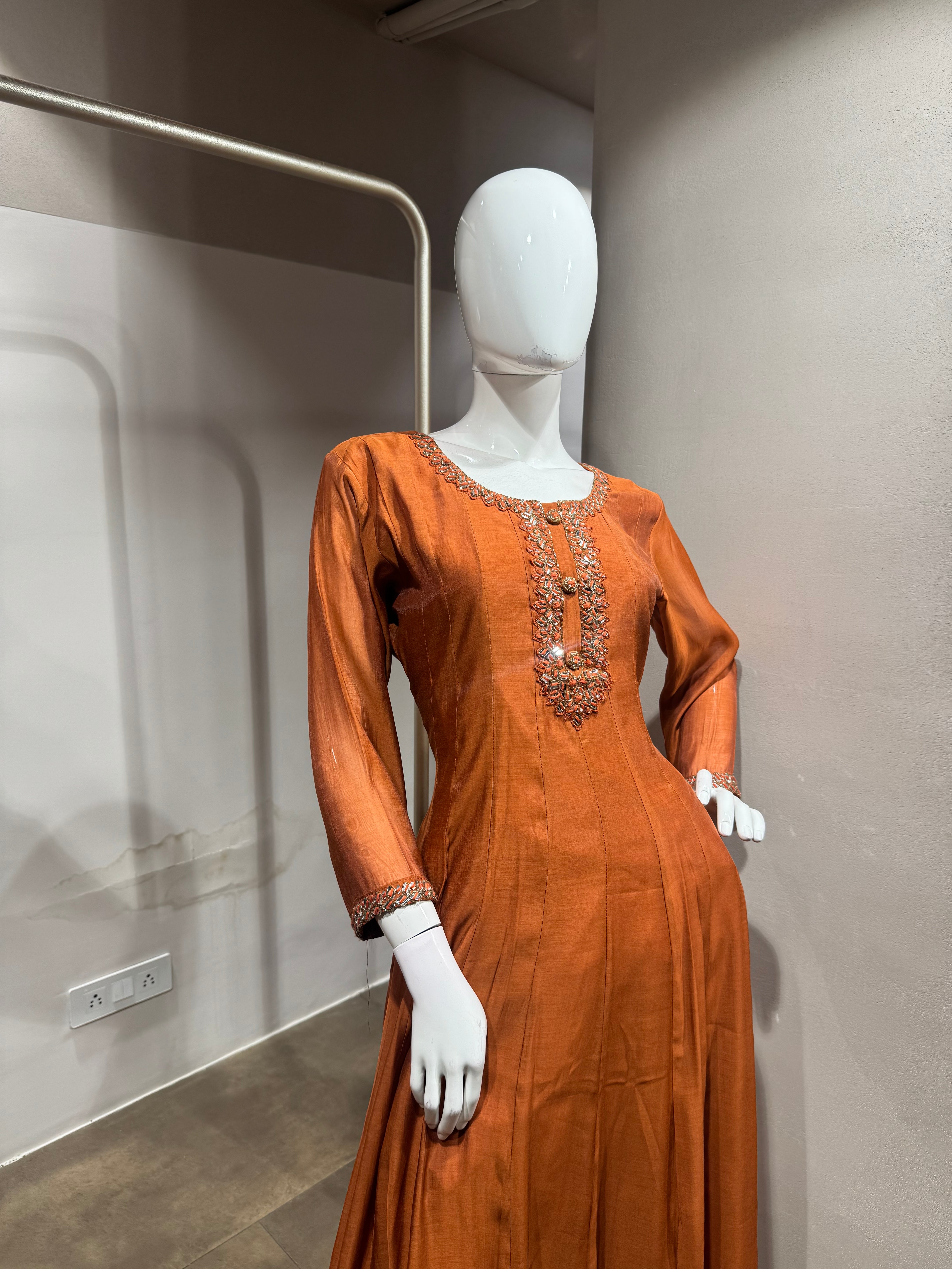 Brown Silk Embroidered Anarkali Set with Dupatta
