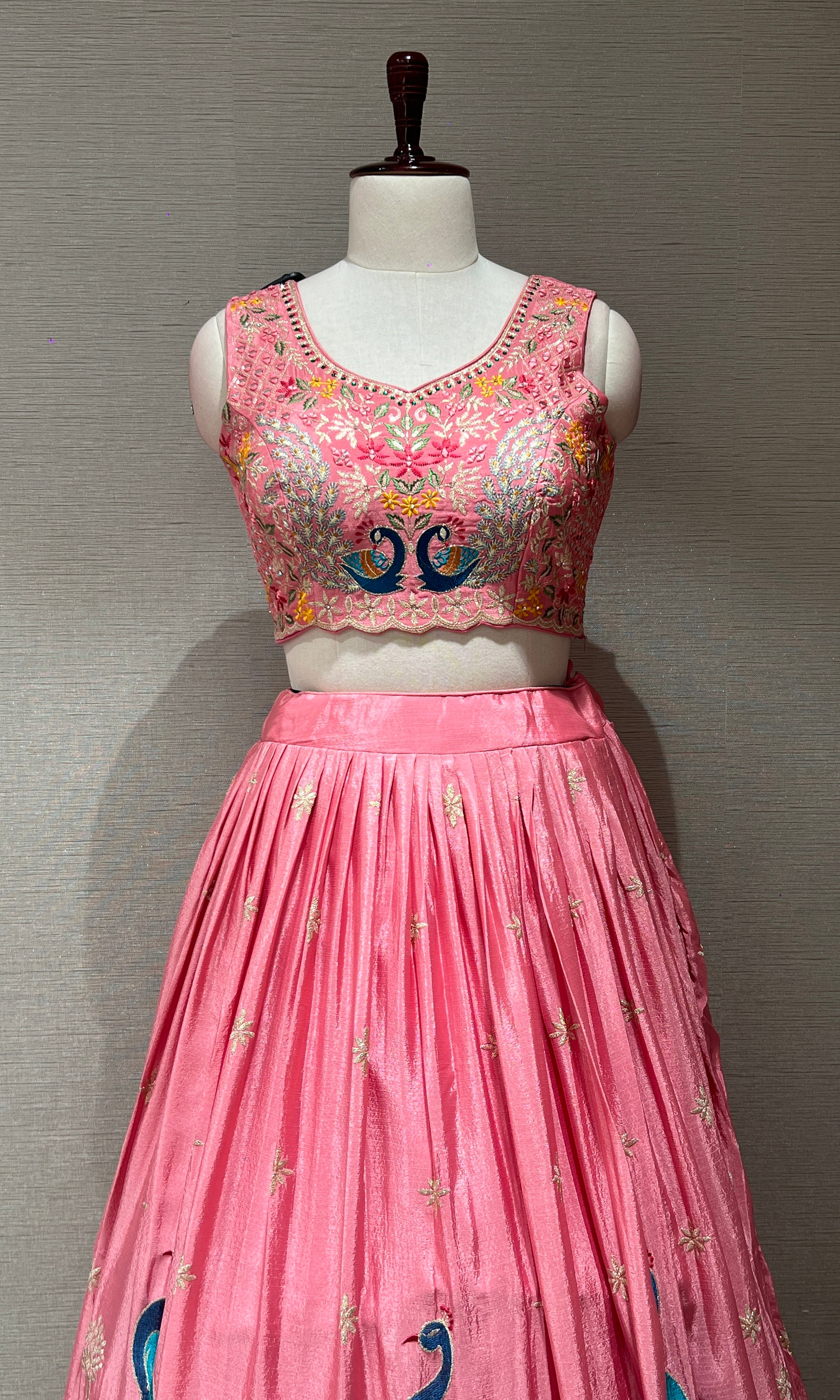 rose pink lehenga with peacock design