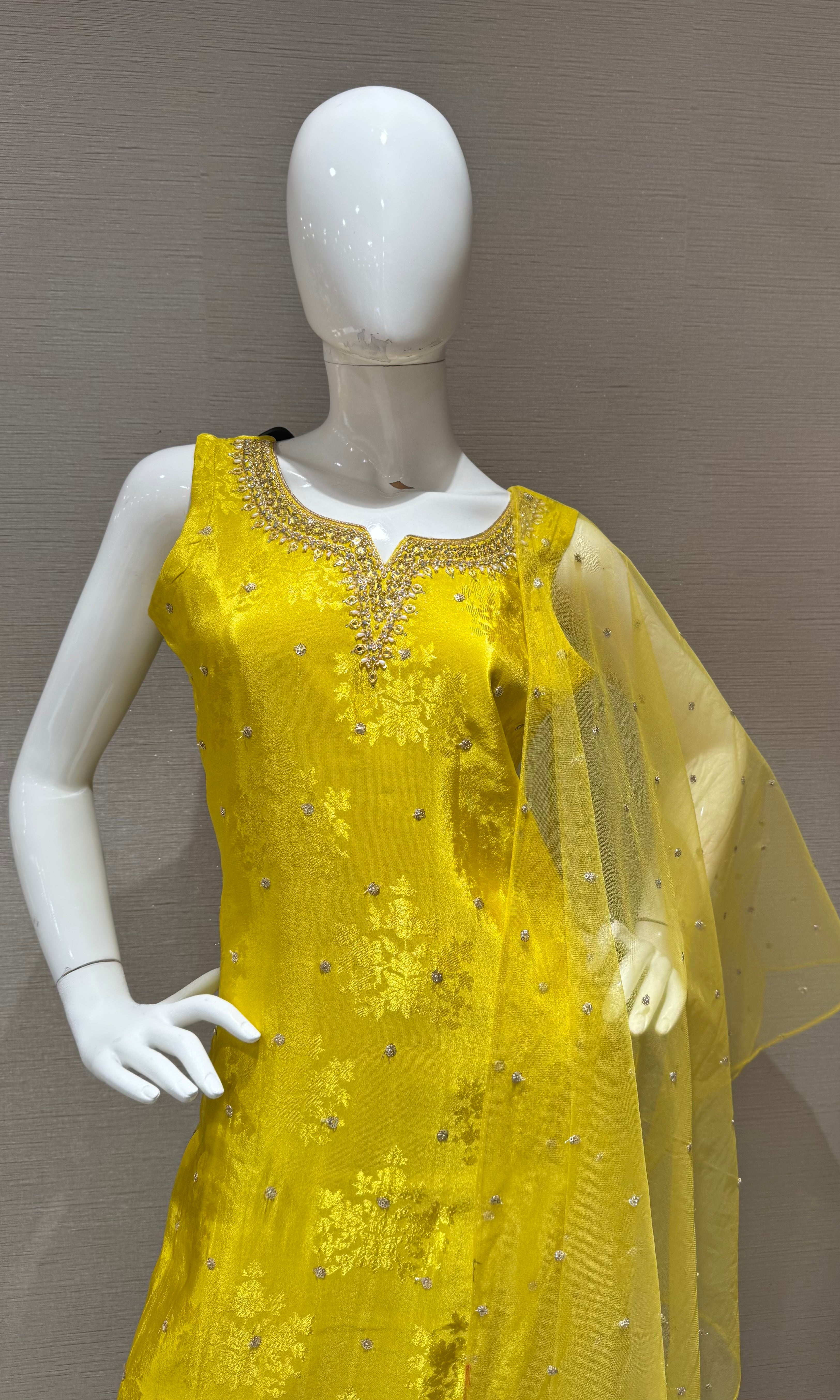 Yellow Floral Embroidery Salwar Kameez Kurta Set