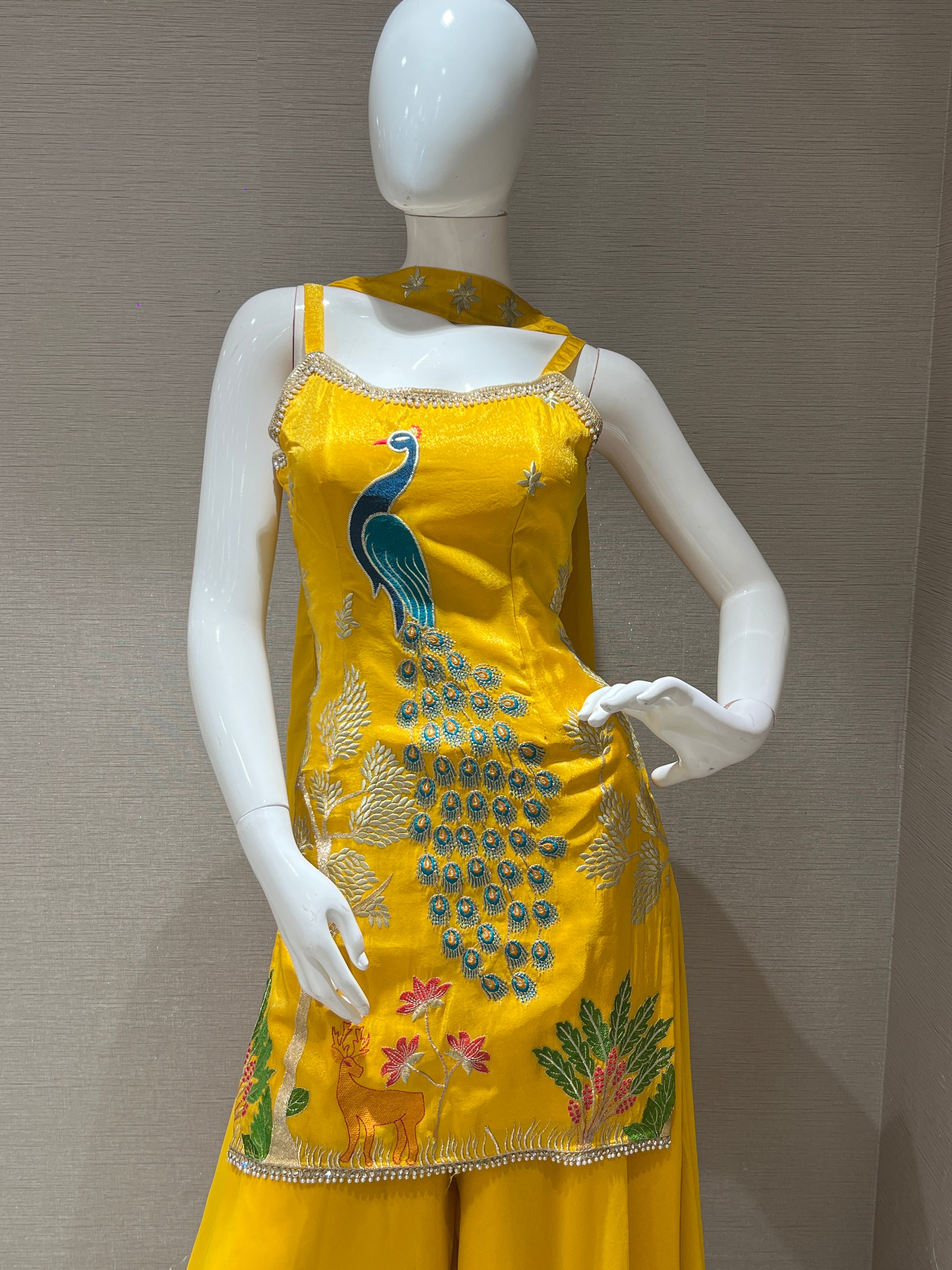 YELLOW PEACOCK EMBROIDERED PALAZZO