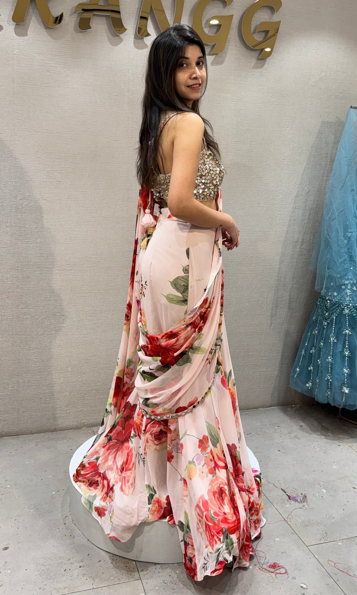 Peach Floral Printed Georgette Draped Saree Set with Embroidered Blouse
