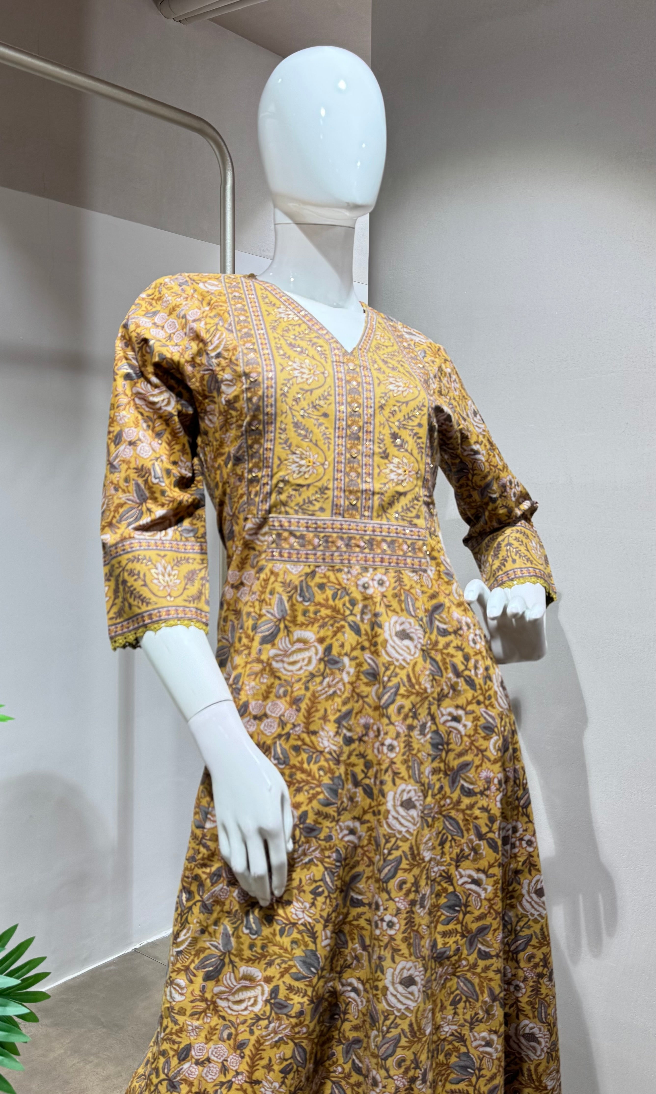Mustard yellow jaipuri style cotton kurta set