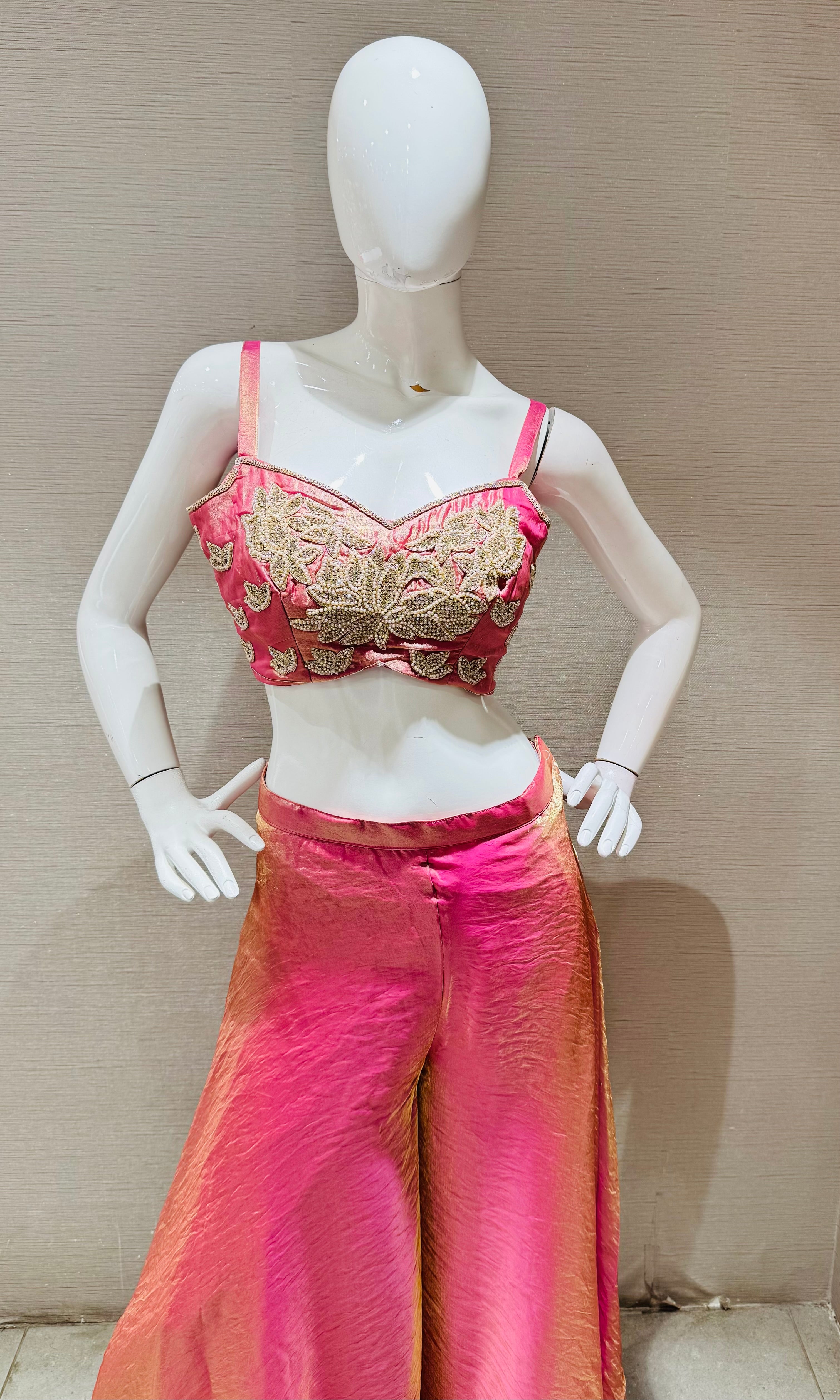 PINK EMBROIDERED CROP TOP PLAZZO COAT