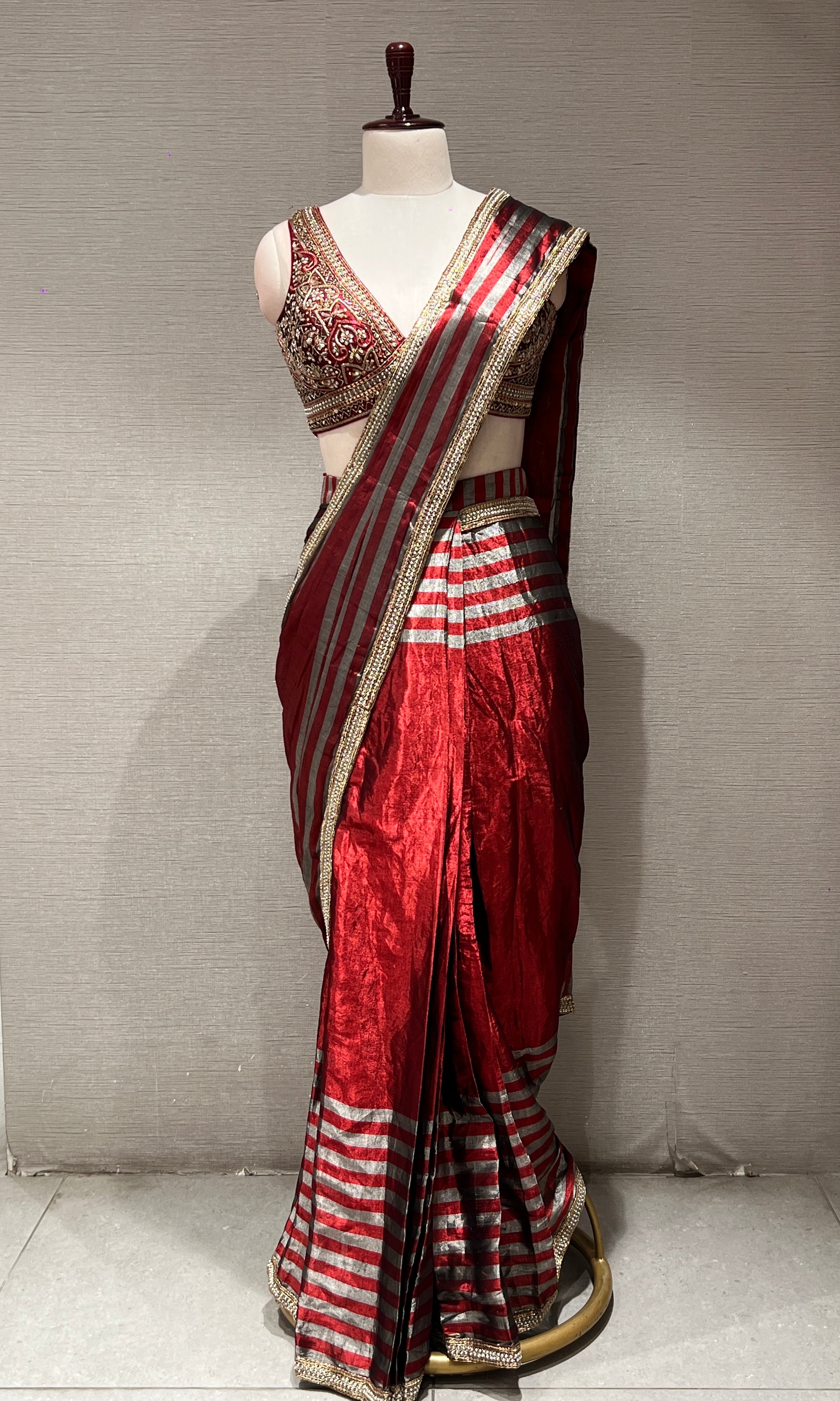 Red DRAPE SAREE WITH EMBELLISHED BLOUSE