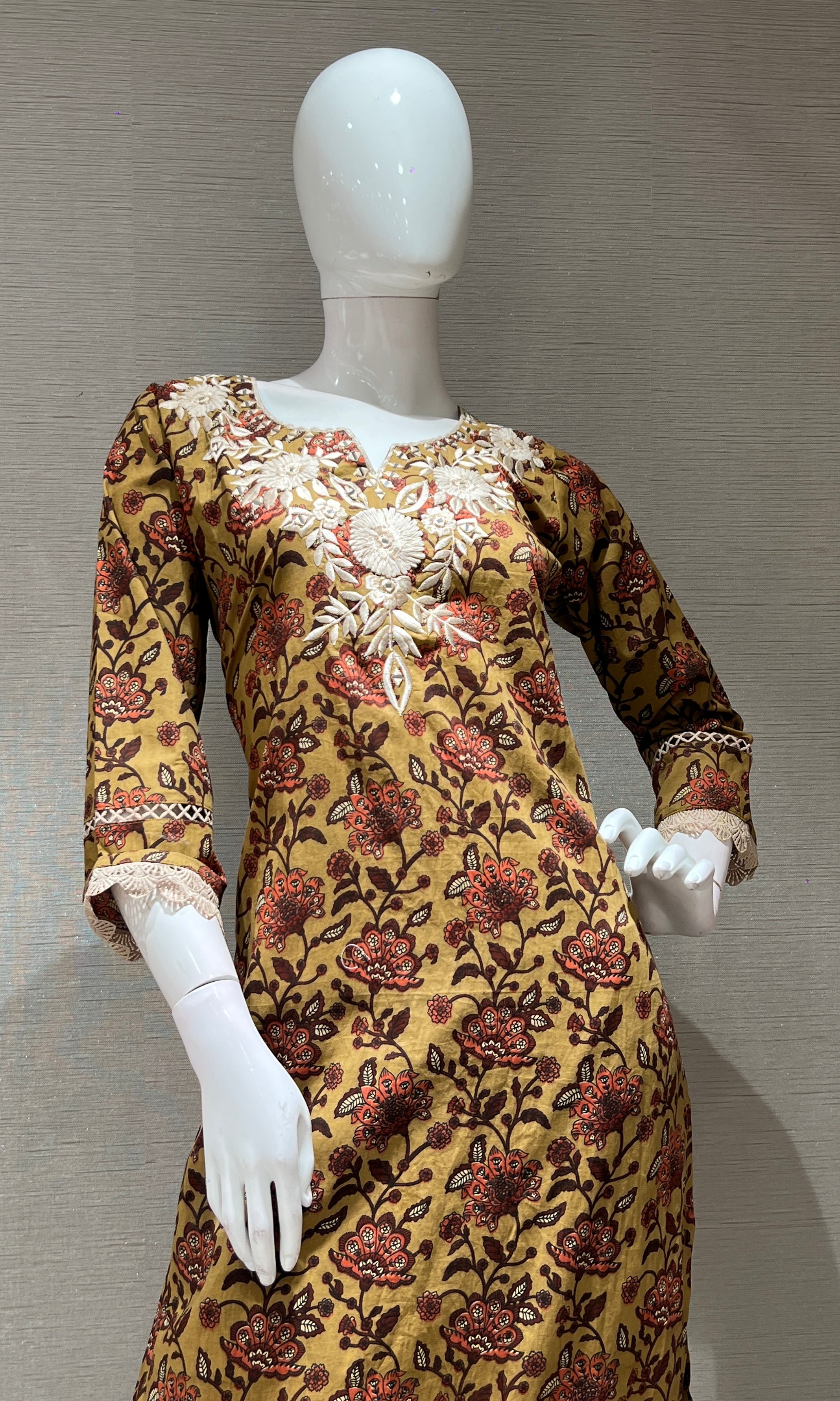 MUSTARD YELLOW printed EMBROIDERED KURTA SET