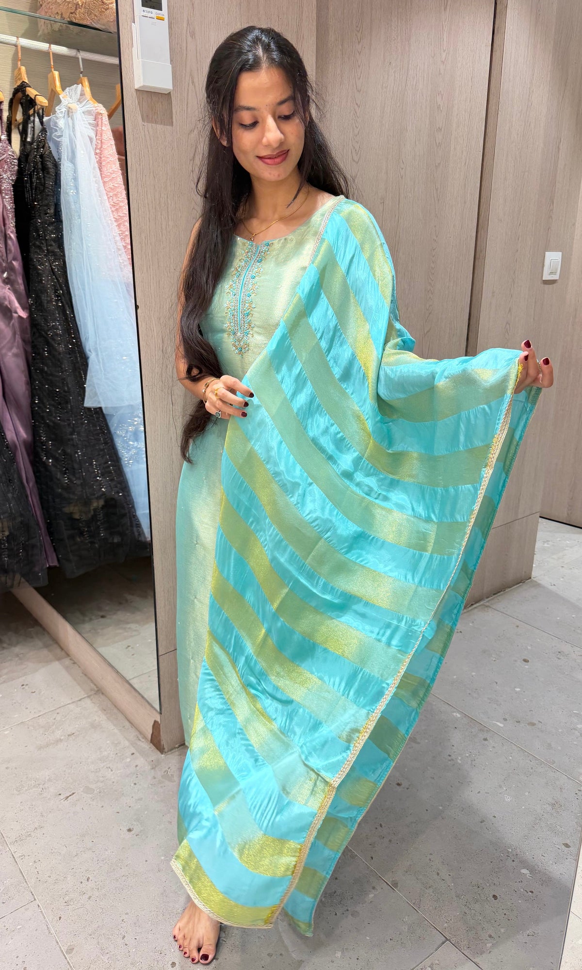 Sea Blue Banarasi silk Kurta Set with Patterned Dupatta