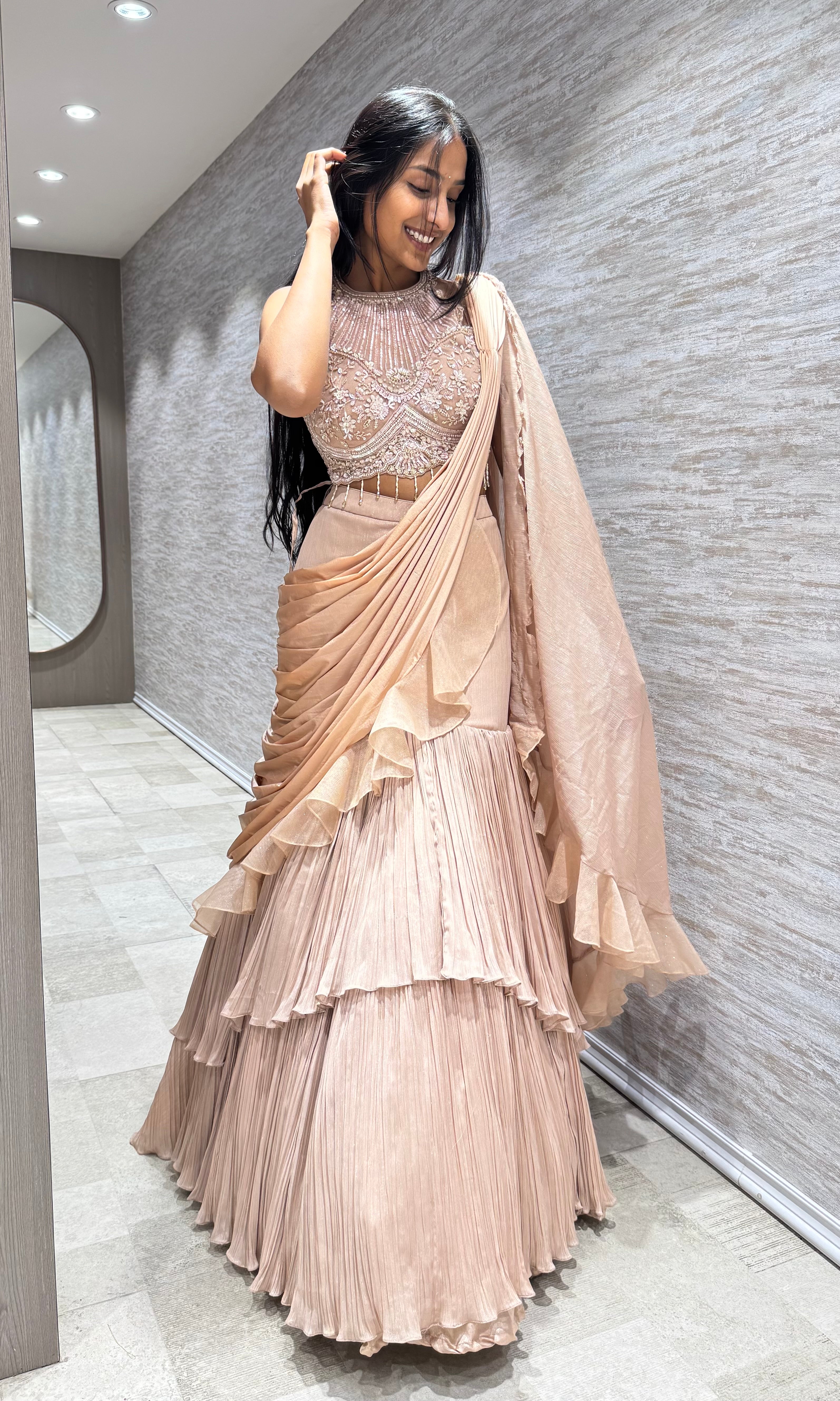 GOLD RUFFLE LEHENGA WITH HALTER NECK BLOUSE