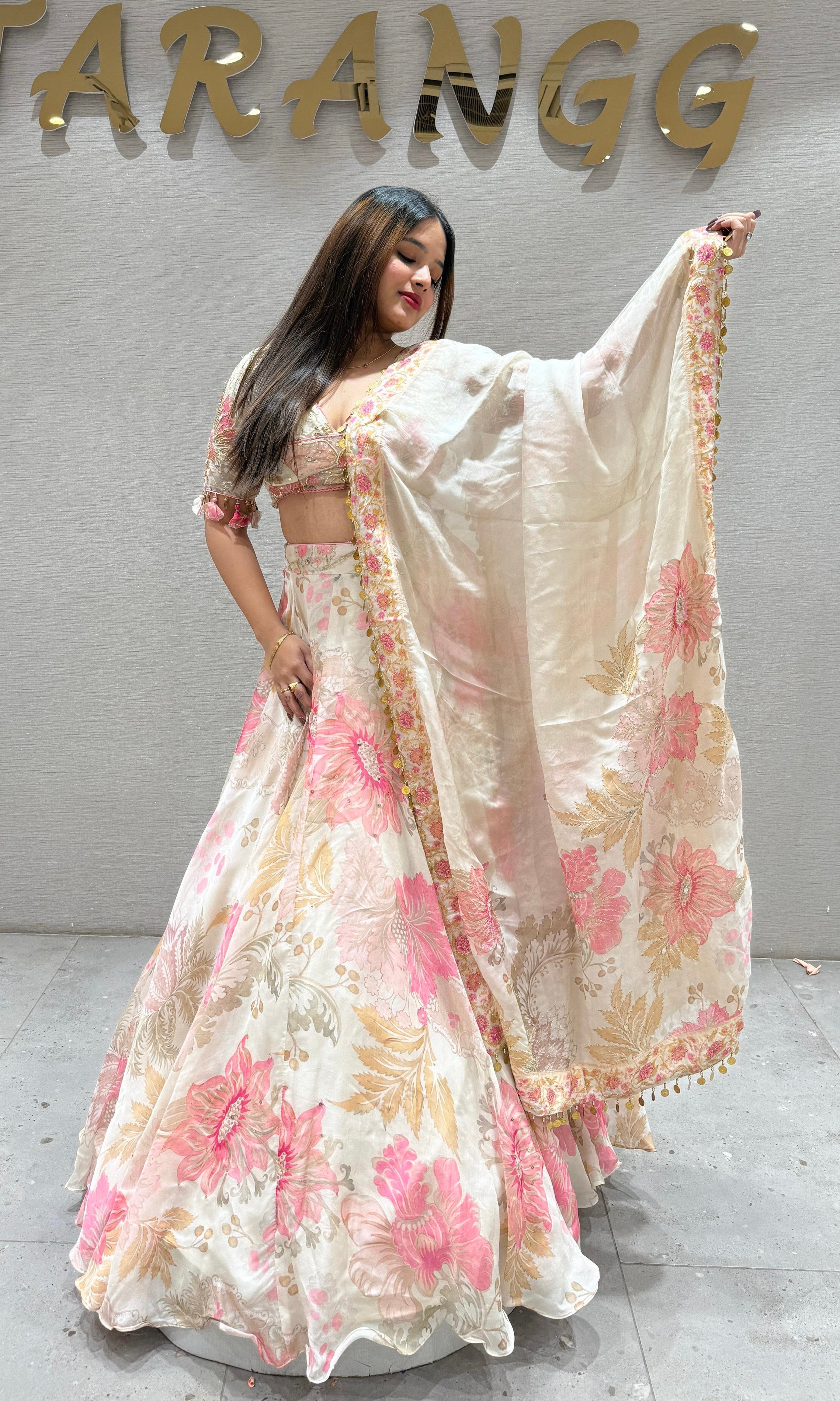 White and pink floral printed Lehenga