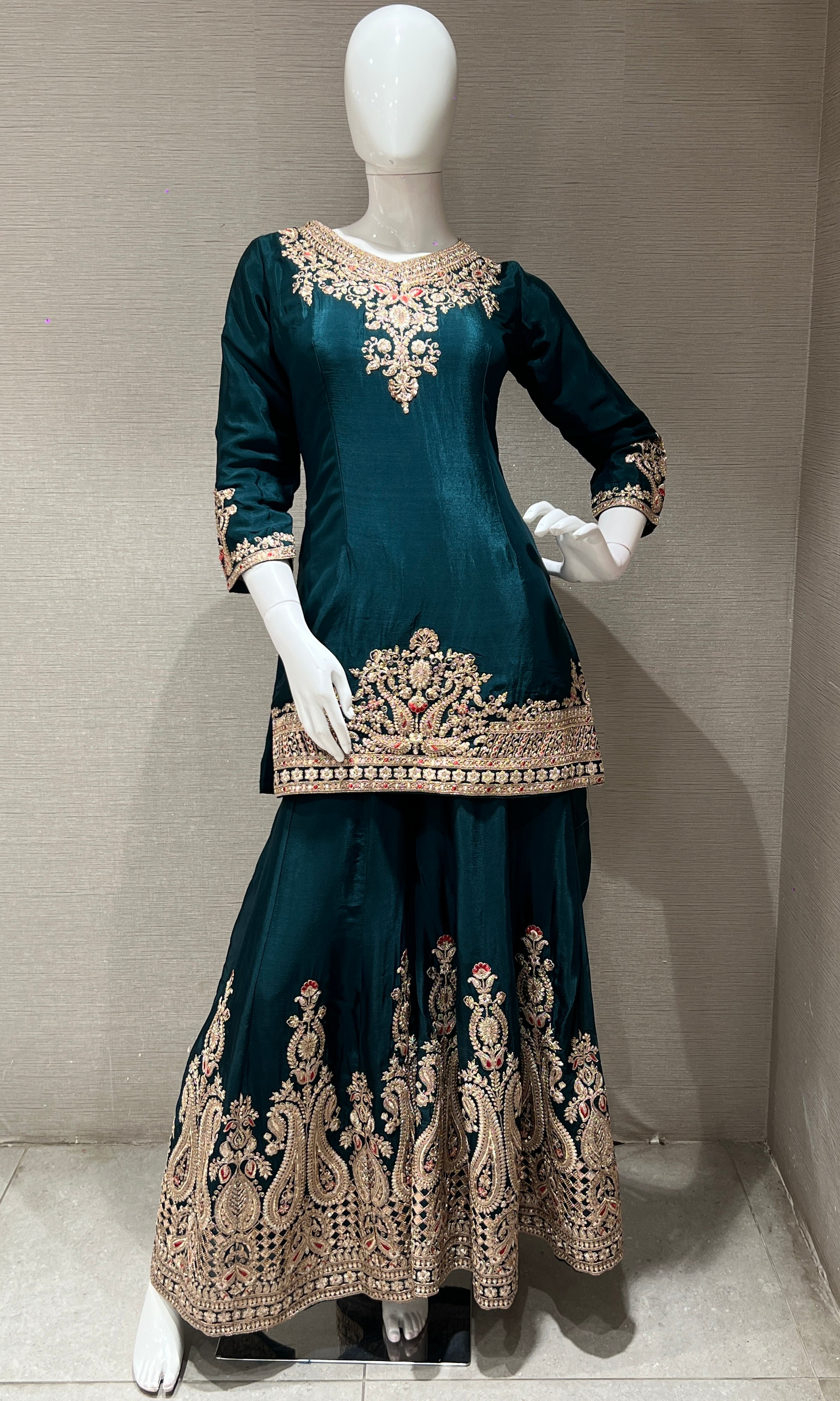 Bottle Green Embroidered Sharara Set