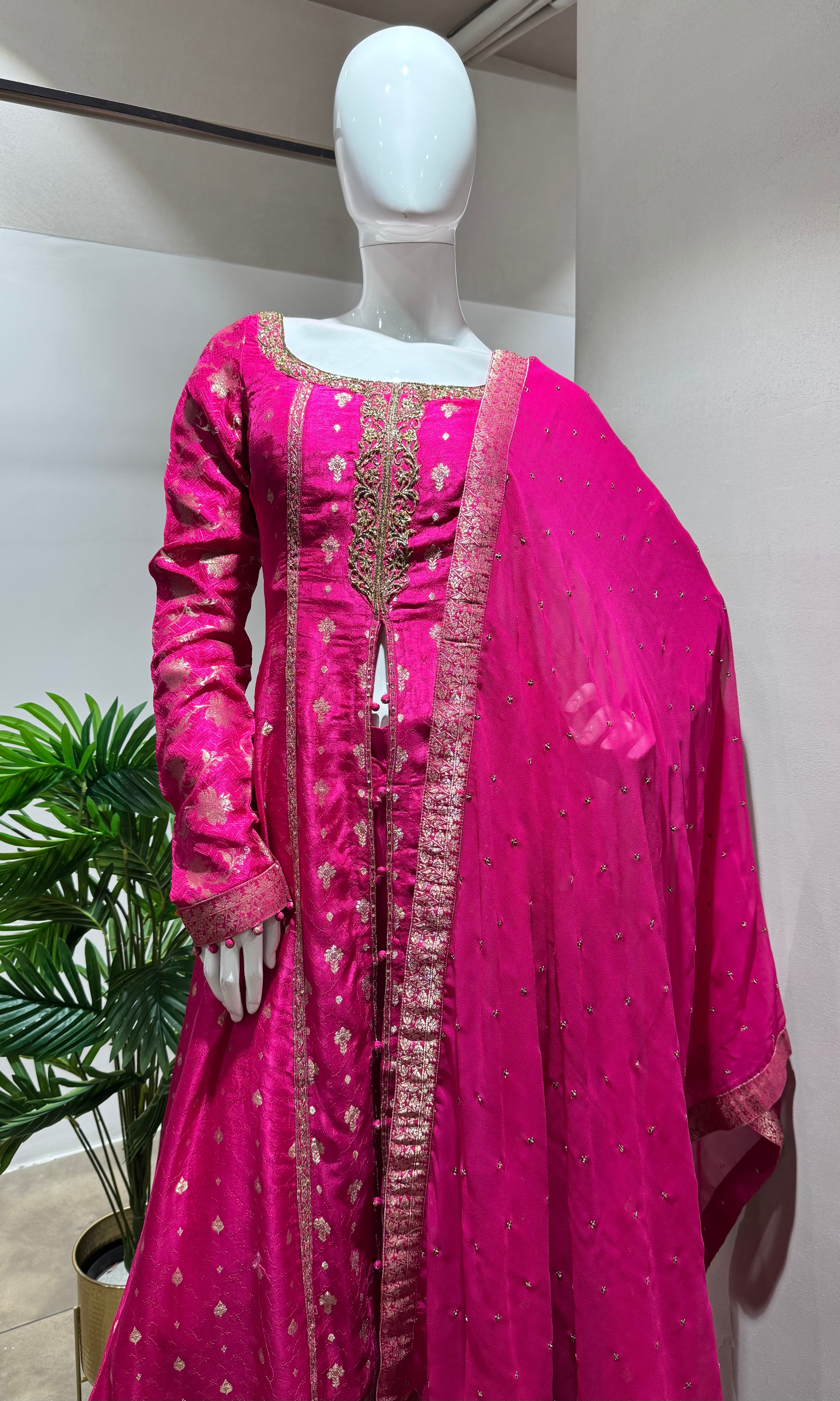 PINK GOLD EMBROIDERED FRONT SLIT ANARKALI SET