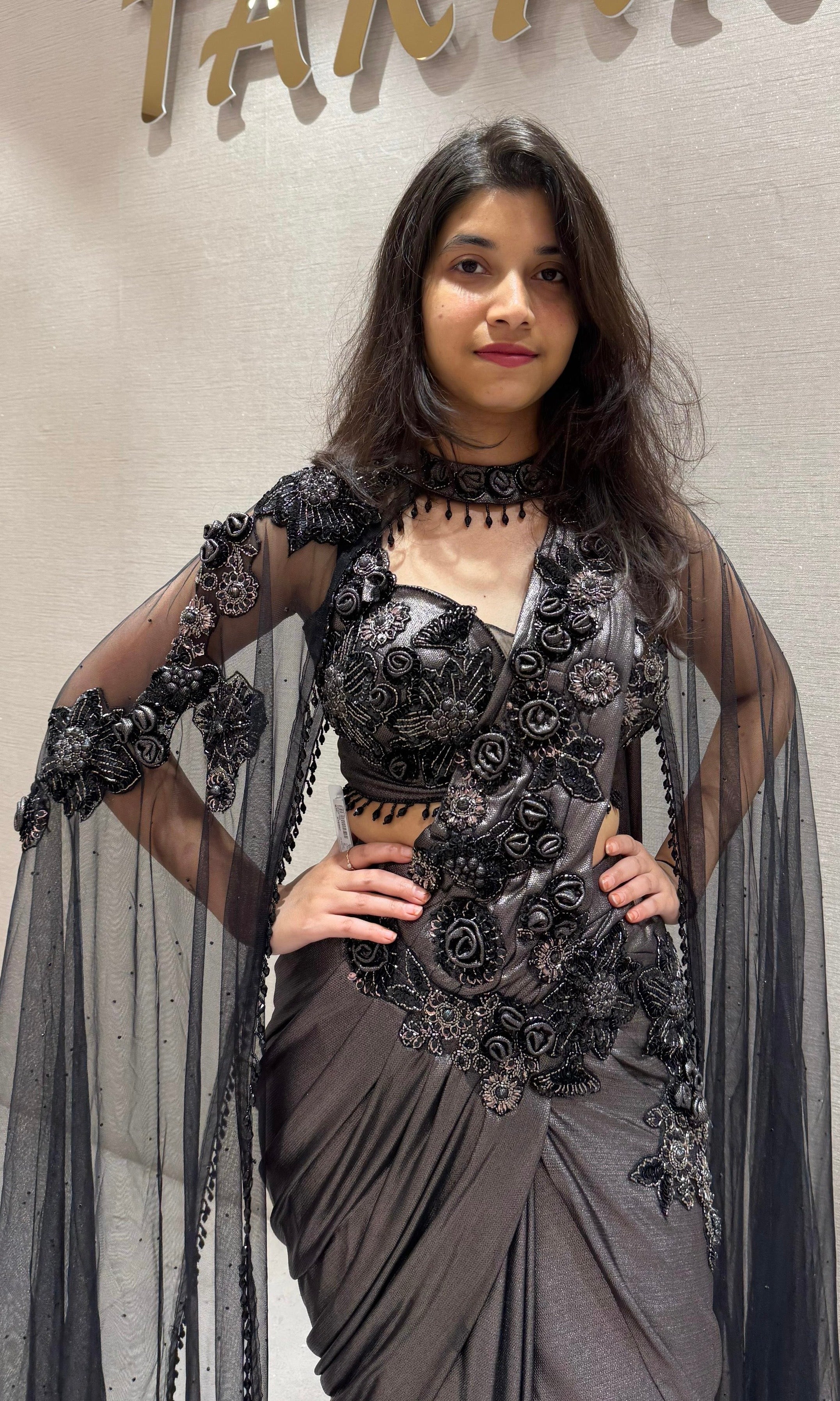 Black sequin drape saree with sheer cape