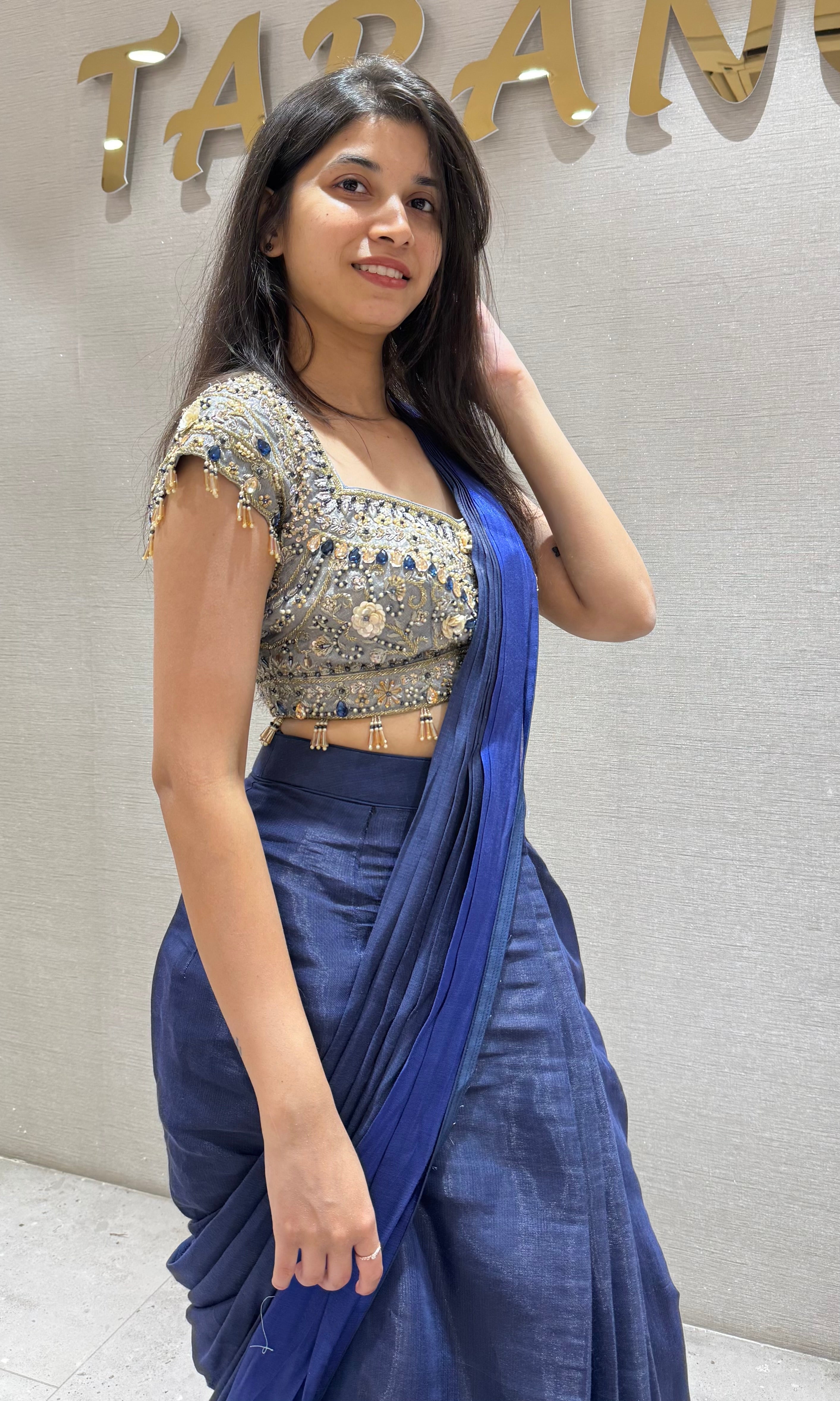 Blue Drape Saree with floral blouse