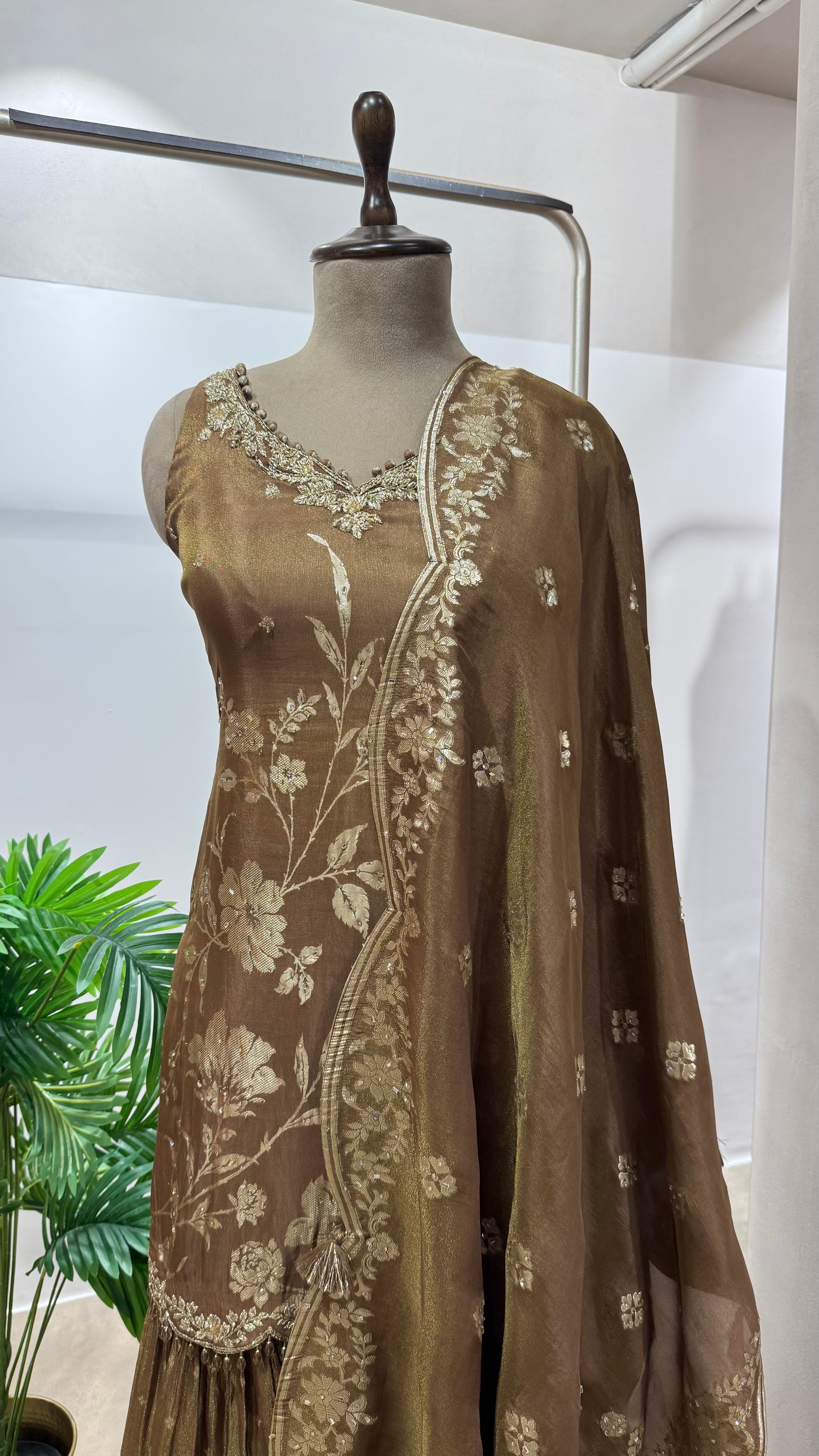 Brown GOLDEN FLORAL ETHNIC SHARARA SET