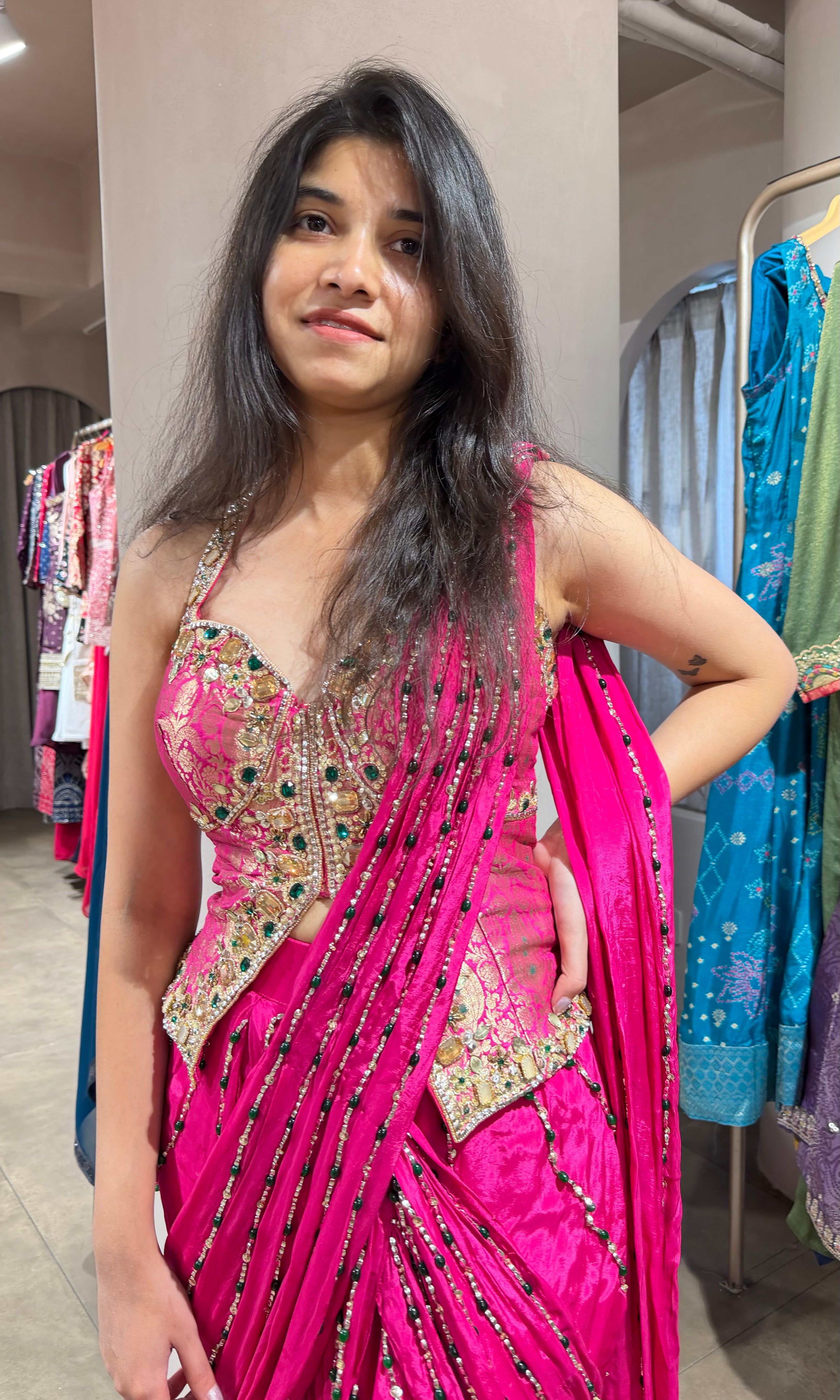 Pink DRAPE SAREE WITH ELEGANT CORSET BLOUSE