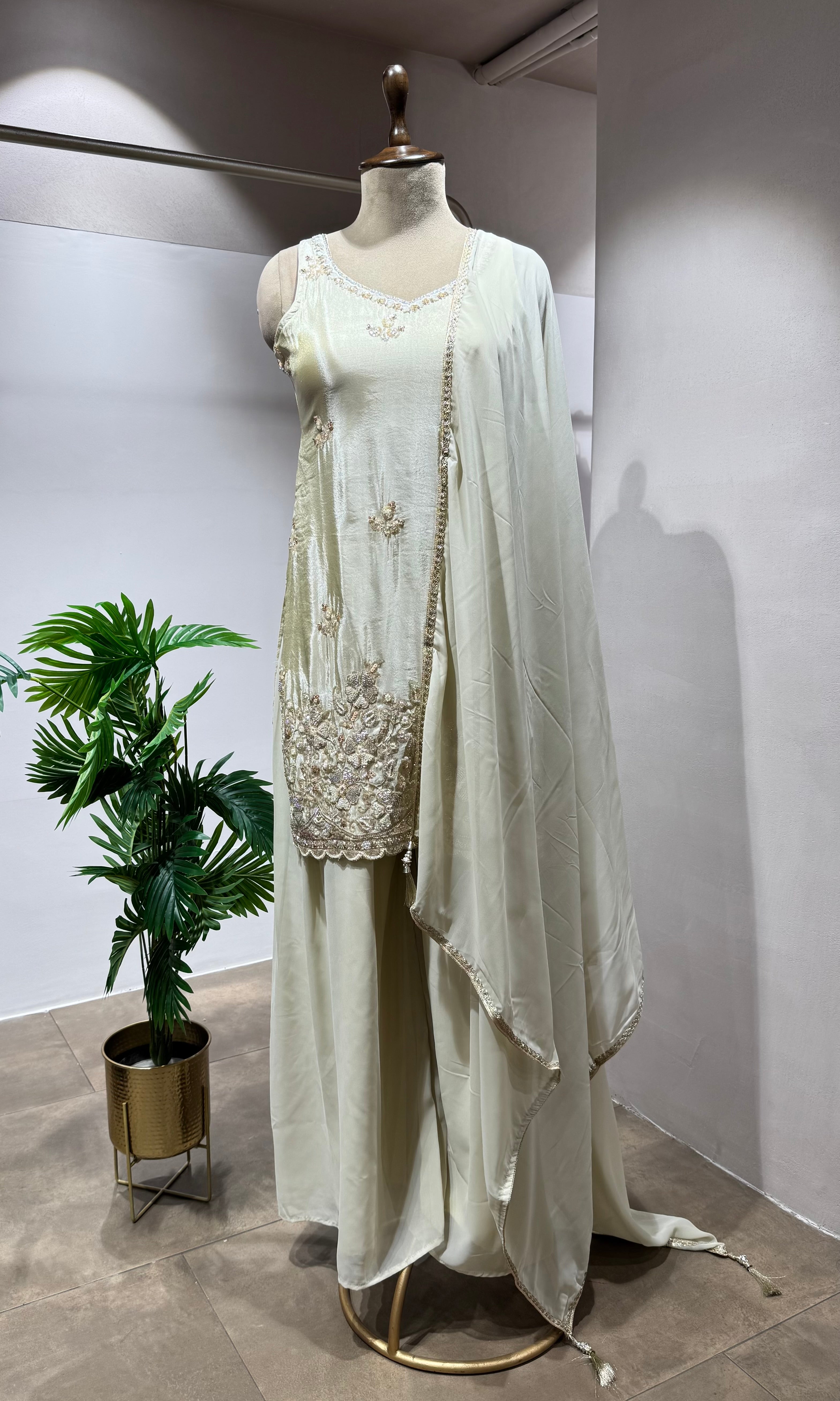 Half white INTRICATE SHARARA WITH GOLD ZARI WORK
