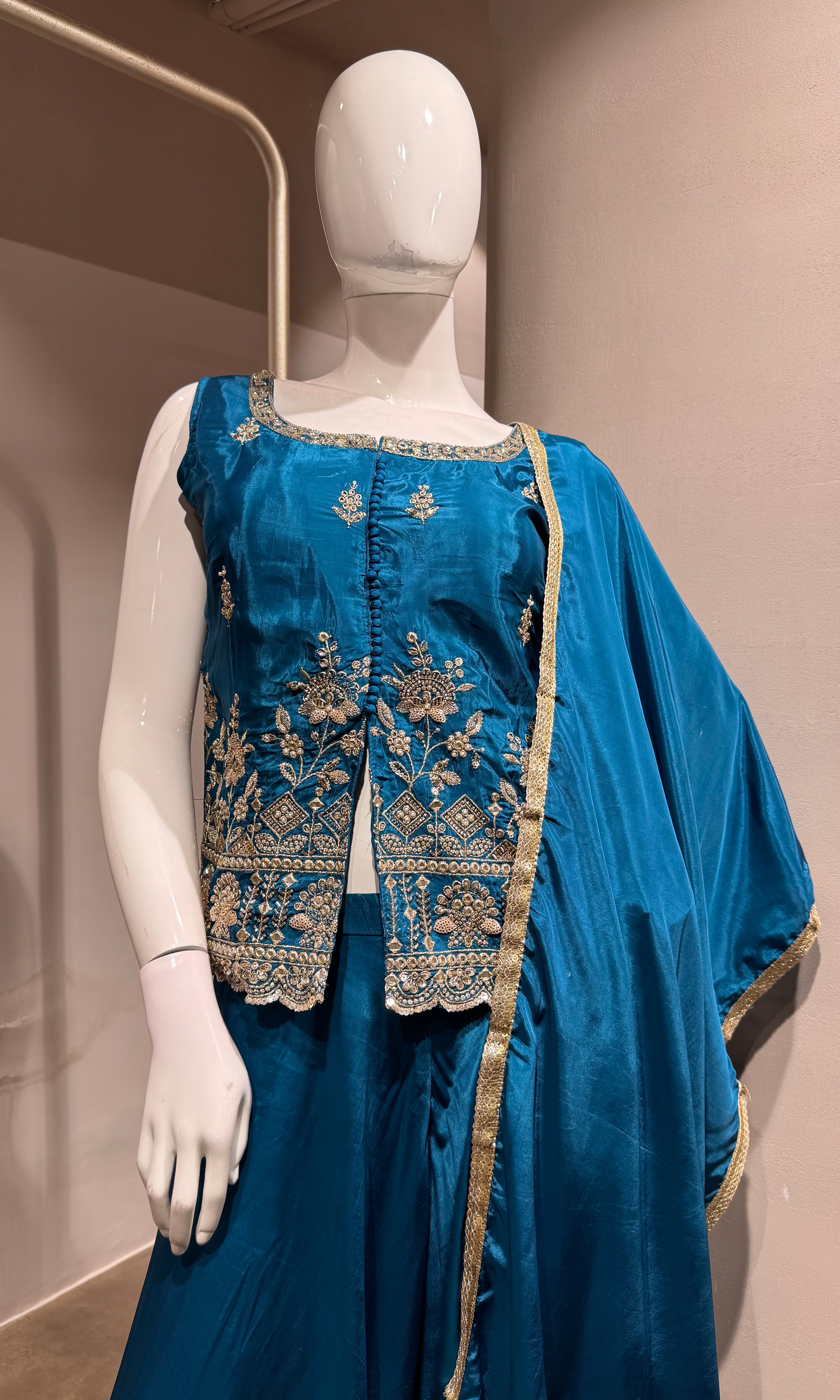Blue Embroidered Silk Peplum Palazzo Set