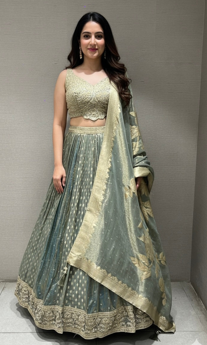 GREEN SILK GOLDEN EMBROIDERED LEHENGA