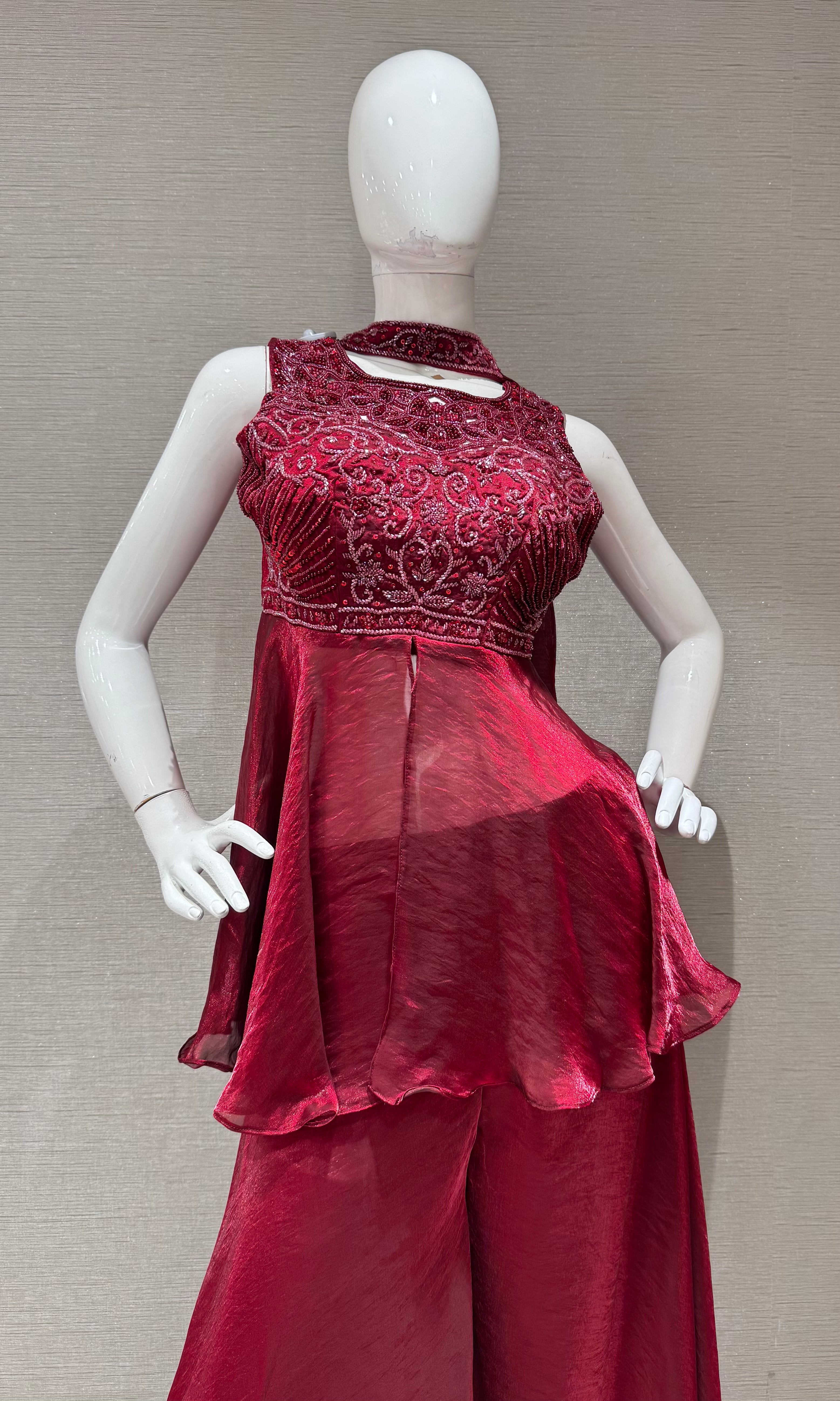 Maroon Embellished Peplum Palazzo Set